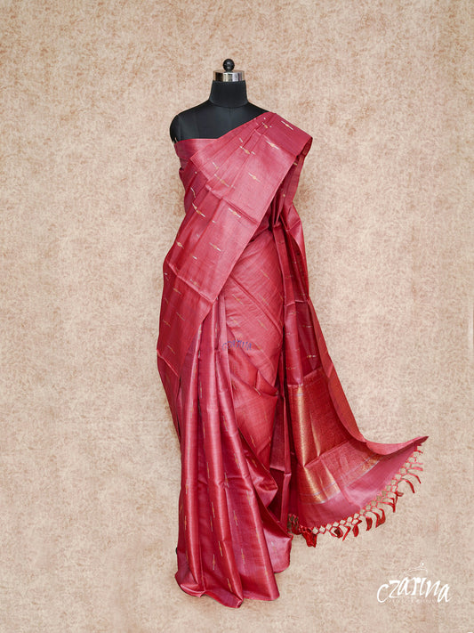RED WITH GOLD AND SILVER BUTTIS WITH RICH PALLU IN GOLDEN ZARI TUSSAR SILK SAREE