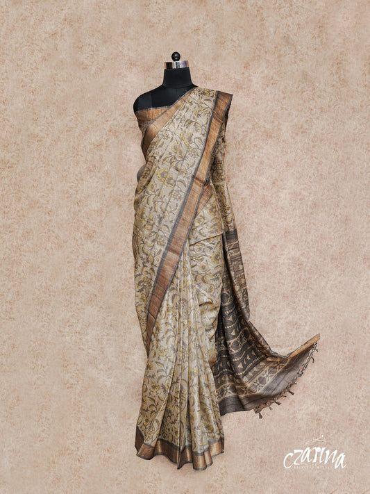 BEIGE WITH VEGETABLE PRINTS IN SHADES OF GREY TUSSAR SILK SAREE