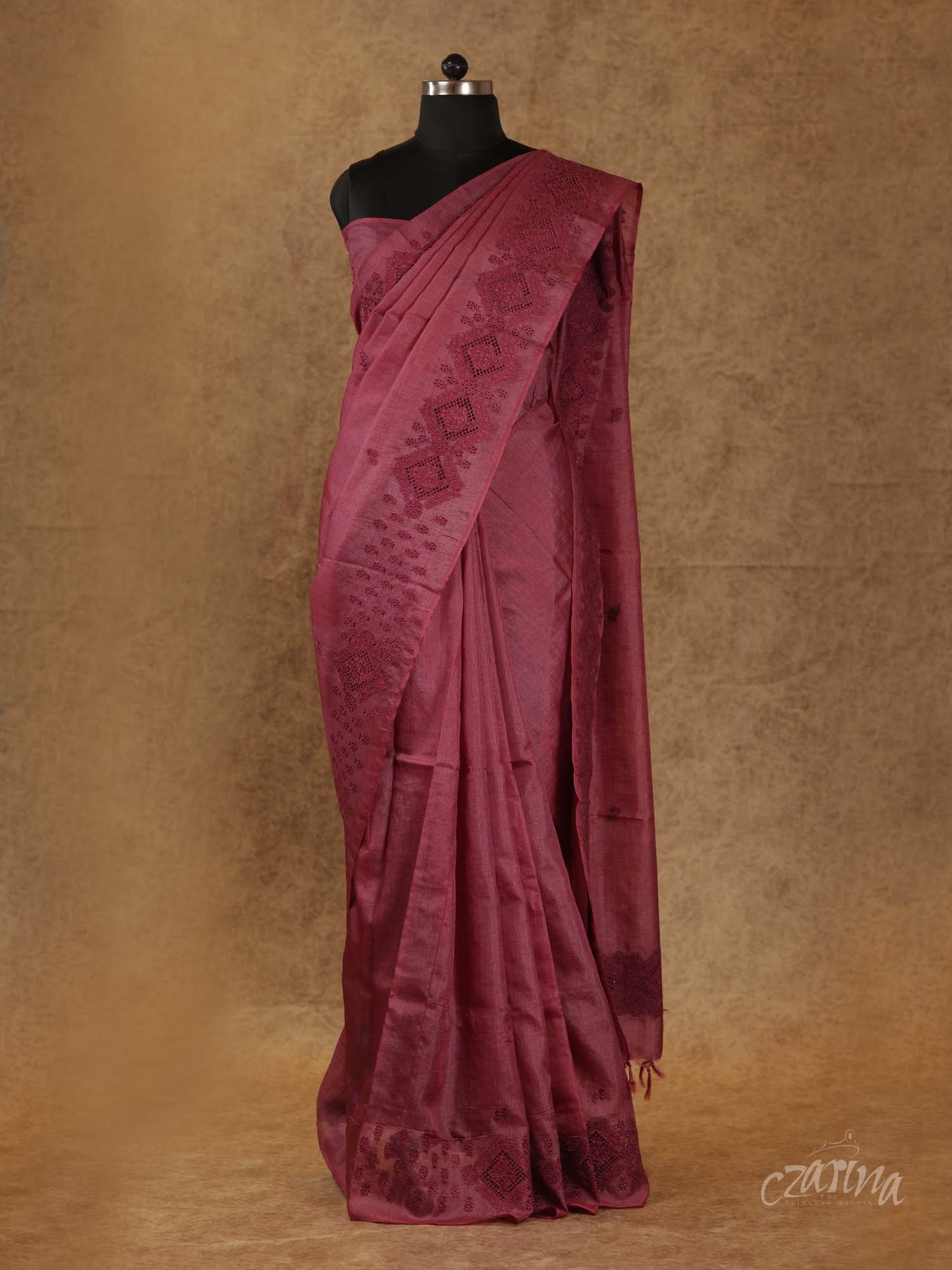 ONION PINK THREAD EMBROIDERY WITH CUT WORK TUSSAR SILK SAREE