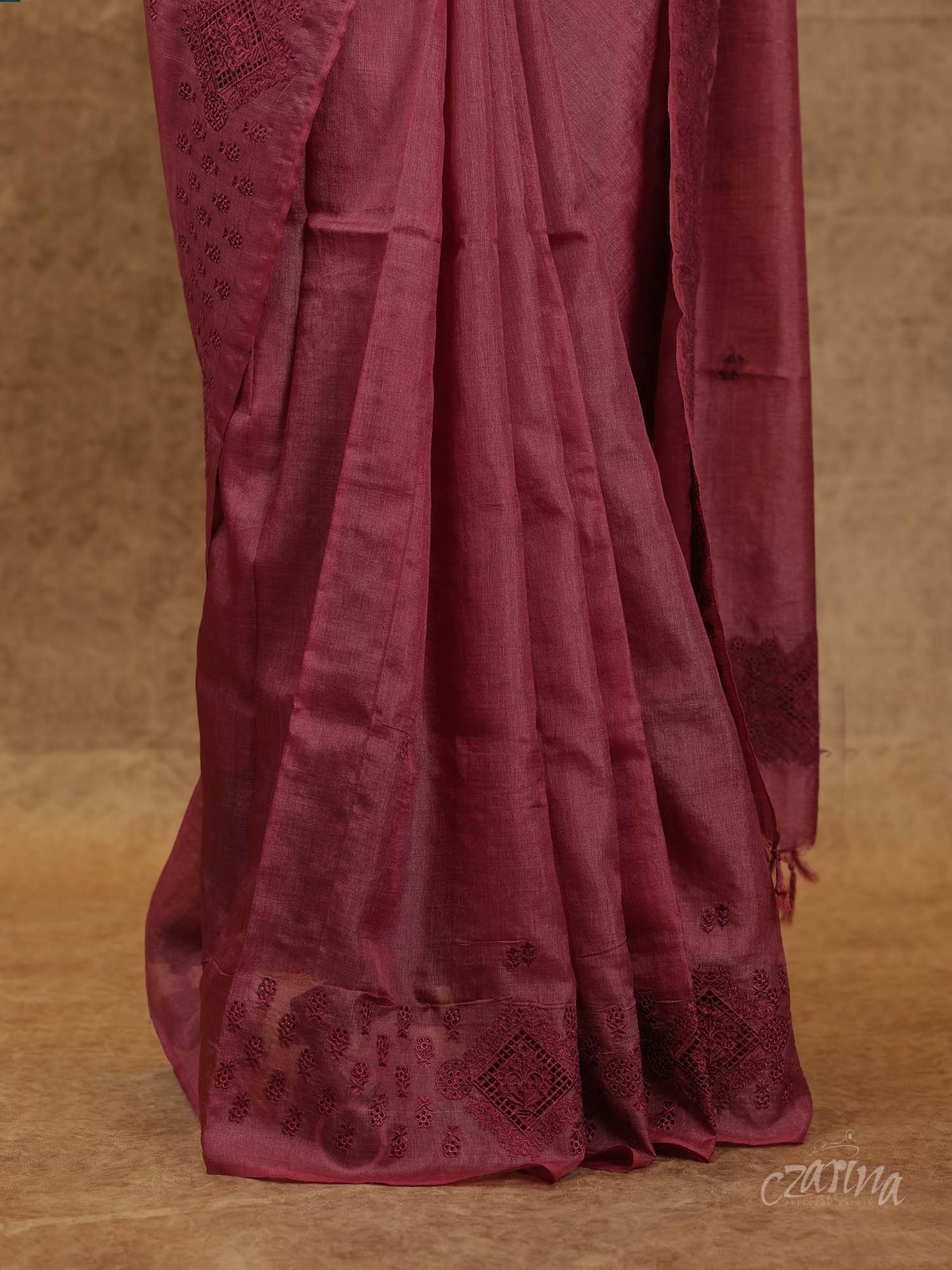 ONION PINK THREAD EMBROIDERY WITH CUT WORK TUSSAR SILK SAREE