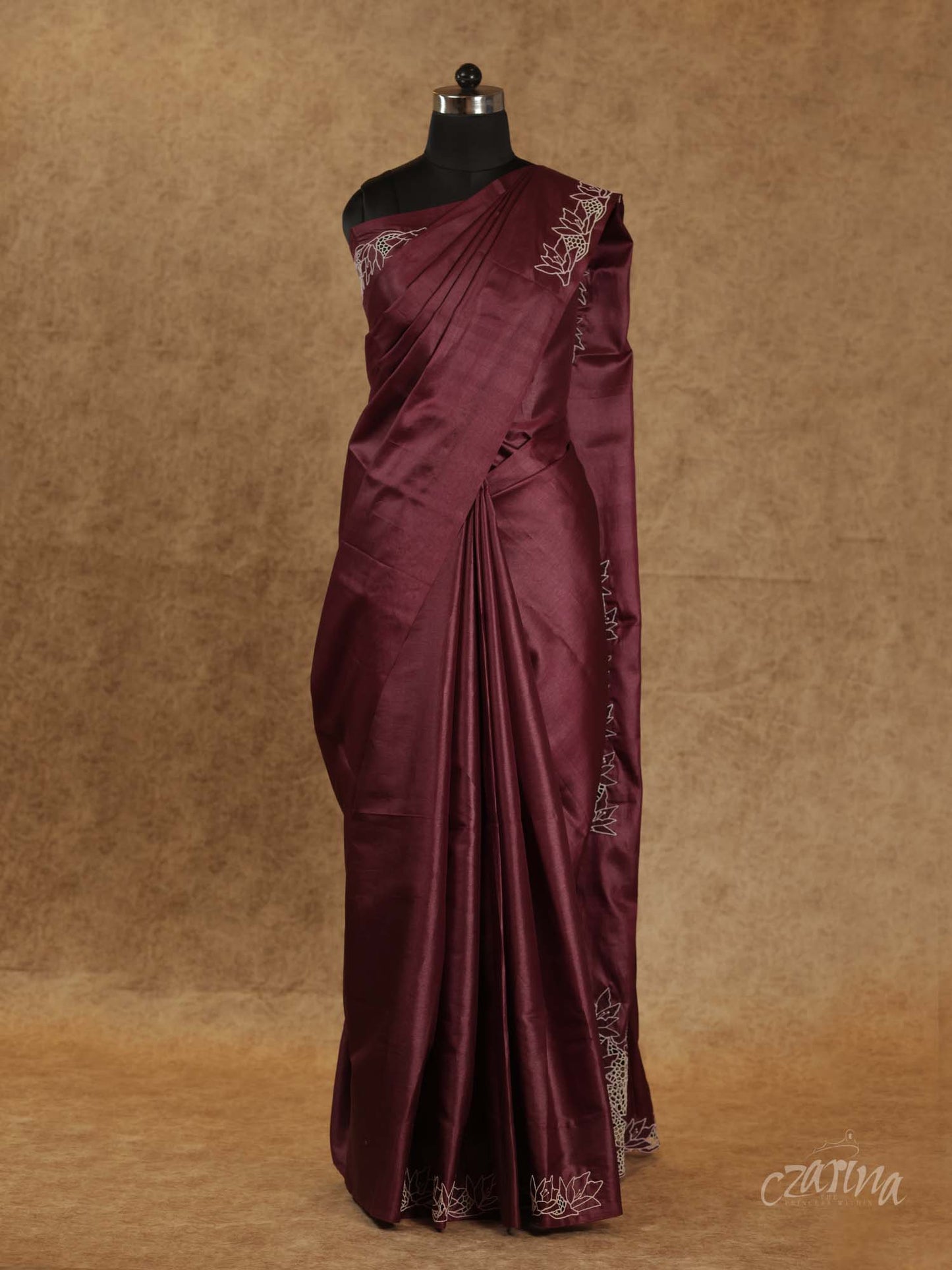 WINE MAROON TWINE CUT WORK TUSSAR SILK SAREE