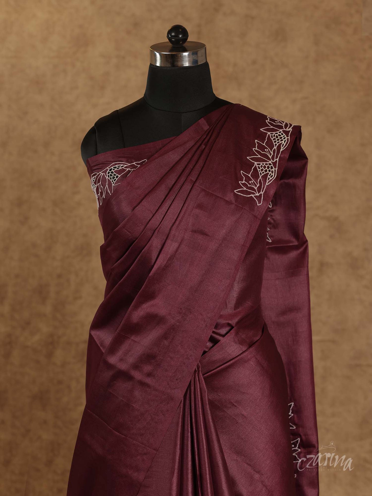 WINE MAROON TWINE CUT WORK TUSSAR SILK SAREE