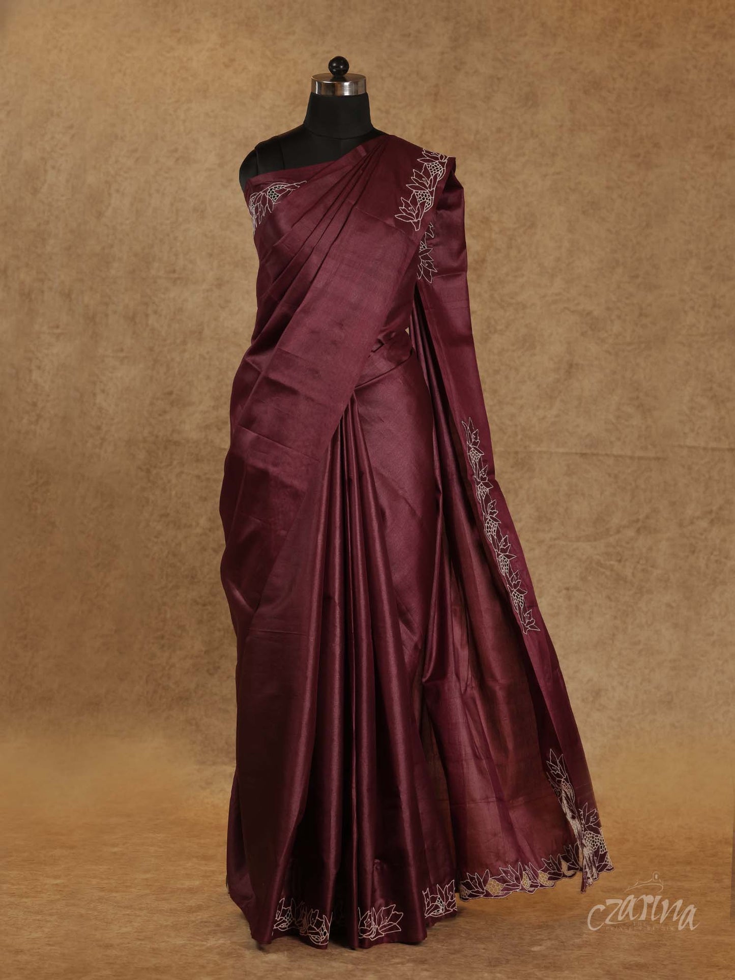WINE MAROON TWINE CUT WORK TUSSAR SILK SAREE