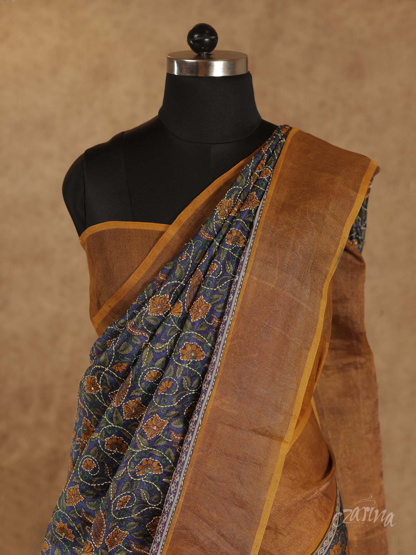 GRAY KALAMKARI PRINT WITH GOLDEN BORDER TUSSAR SILK SAREE
