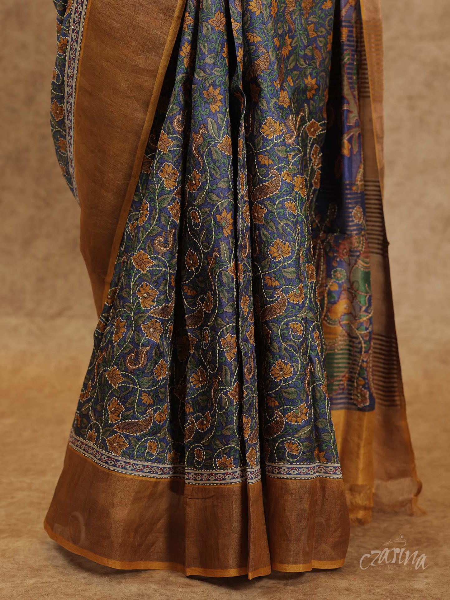 GRAY KALAMKARI PRINT WITH GOLDEN BORDER TUSSAR SILK SAREE