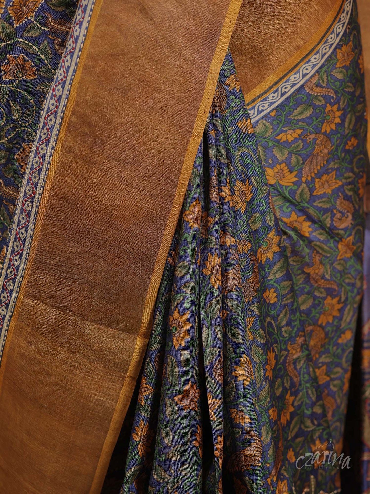 GRAY KALAMKARI PRINT WITH GOLDEN BORDER TUSSAR SILK SAREE