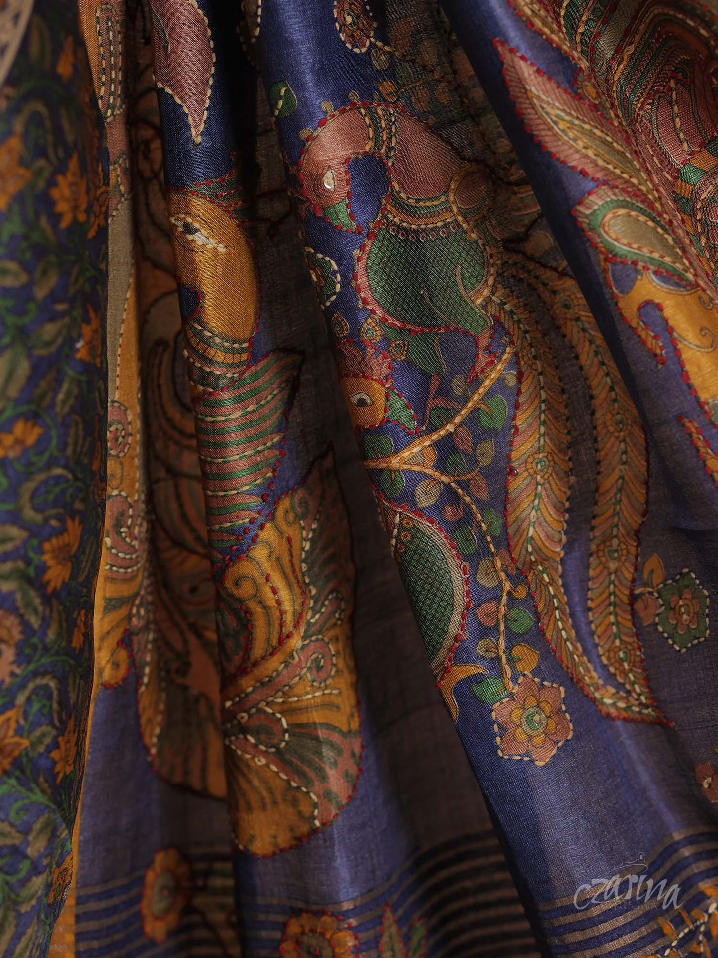 GRAY KALAMKARI PRINT WITH GOLDEN BORDER TUSSAR SILK SAREE