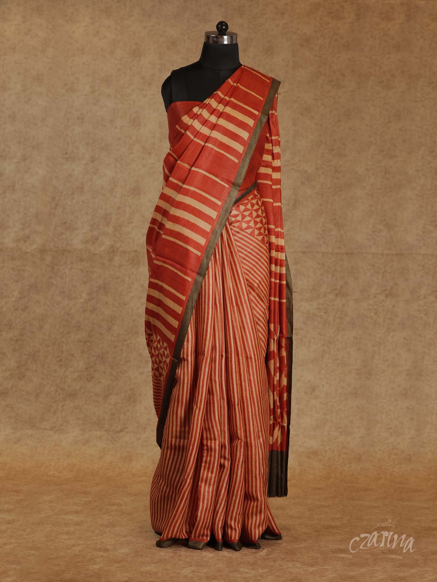 ORANGE AND BEIGE VERTICAL STRIPE PARTLY DESIGNED WITH GREY BORDER TUSSAR SILK SAREE