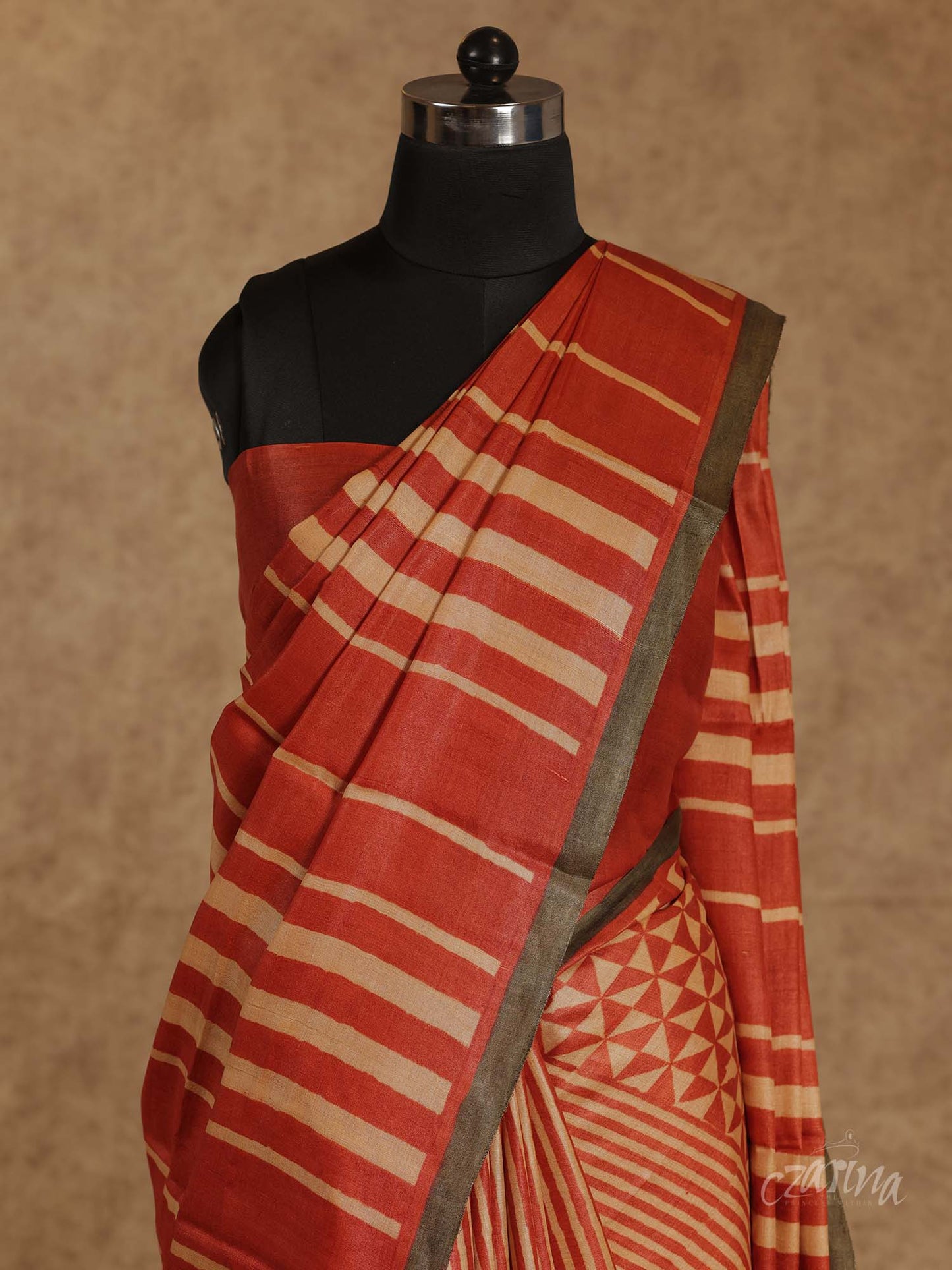 ORANGE AND BEIGE VERTICAL STRIPE PARTLY DESIGNED WITH GREY BORDER TUSSAR SILK SAREE