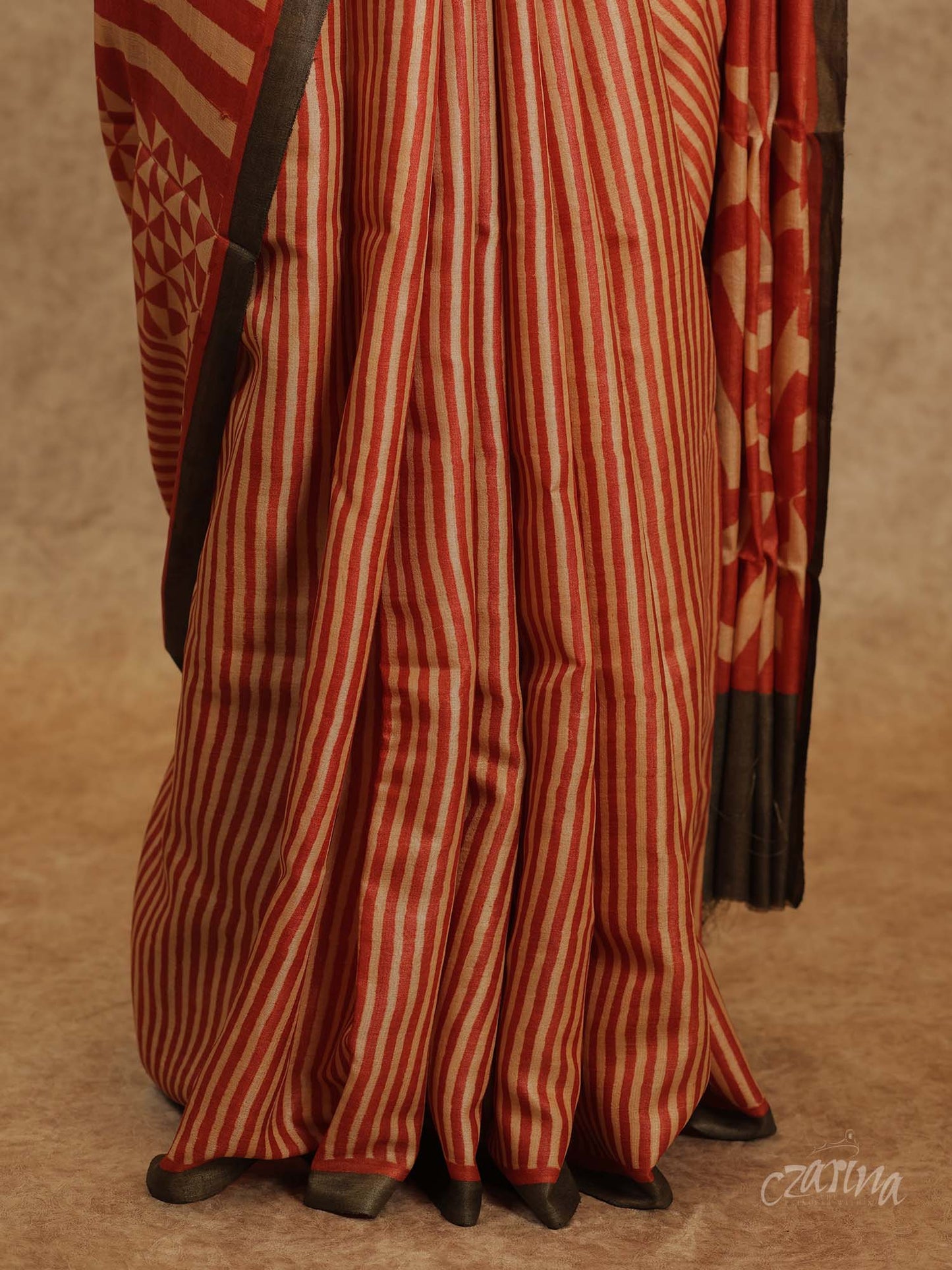 ORANGE AND BEIGE VERTICAL STRIPE PARTLY DESIGNED WITH GREY BORDER TUSSAR SILK SAREE