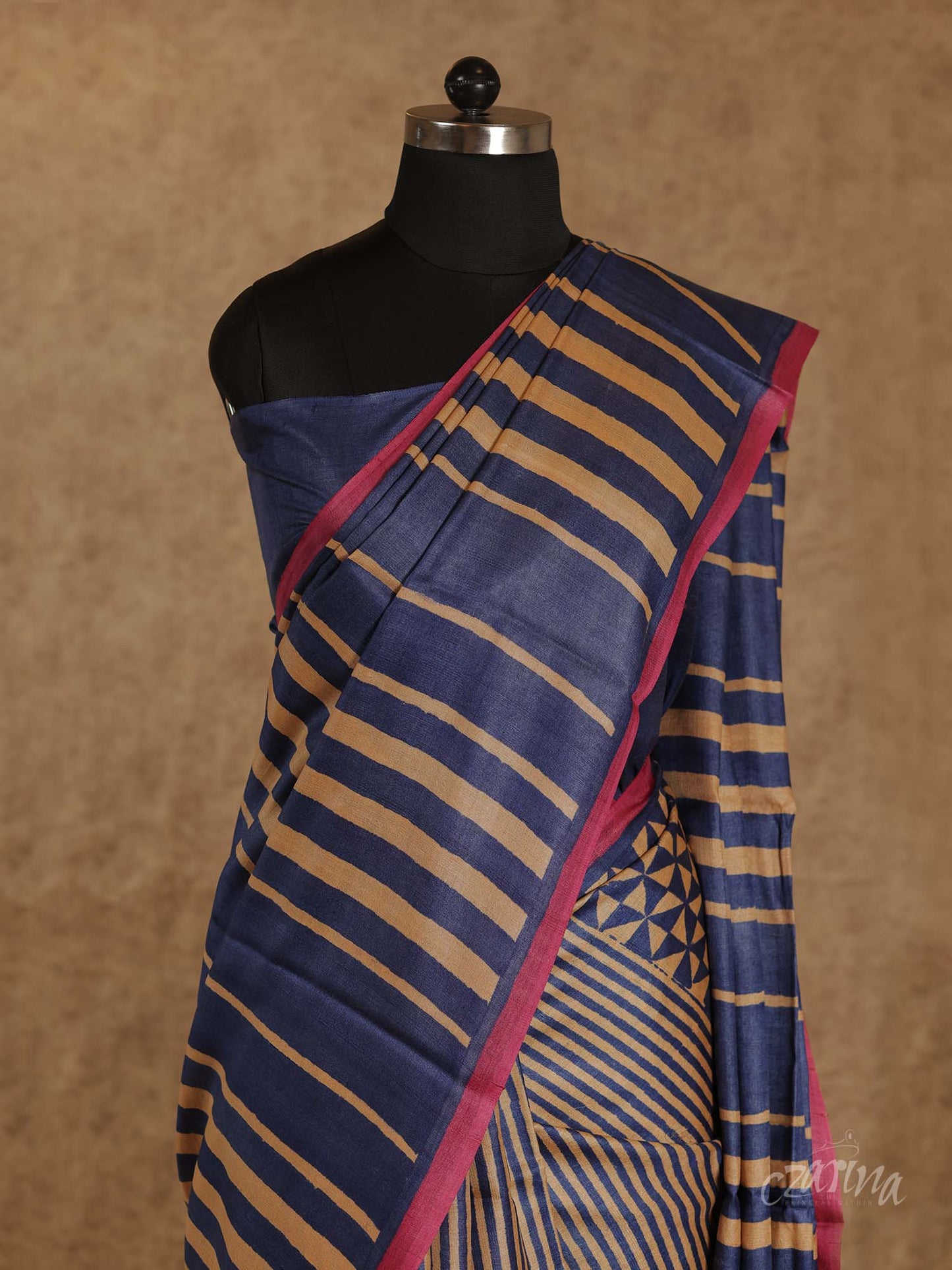 NAVY BLUE AND BEIGE VERTICAL STRIPE PARTLY DESIGNED WITH PINK BORDER TUSSAR SILK SAREE