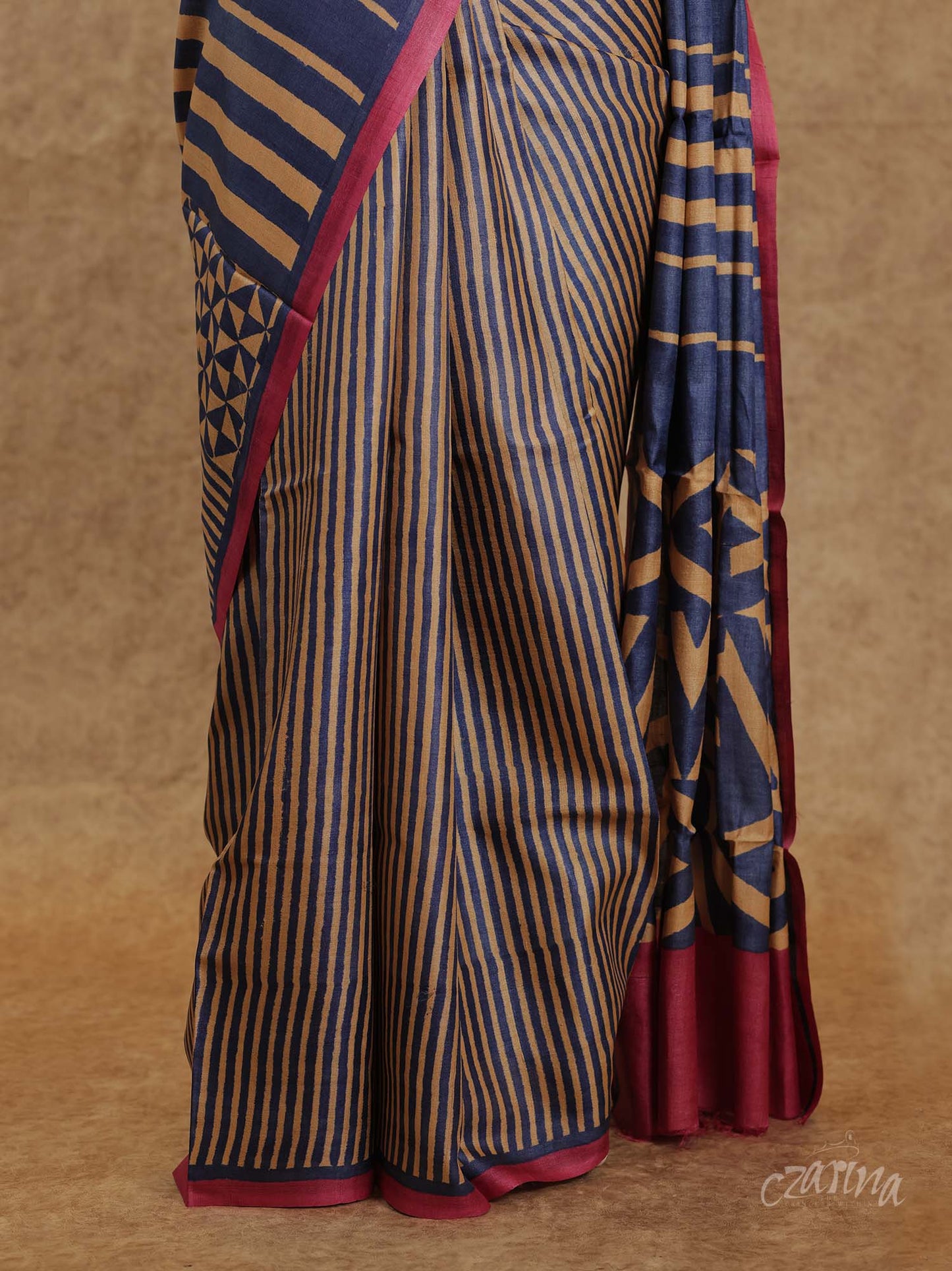 NAVY BLUE AND BEIGE VERTICAL STRIPE PARTLY DESIGNED WITH PINK BORDER TUSSAR SILK SAREE