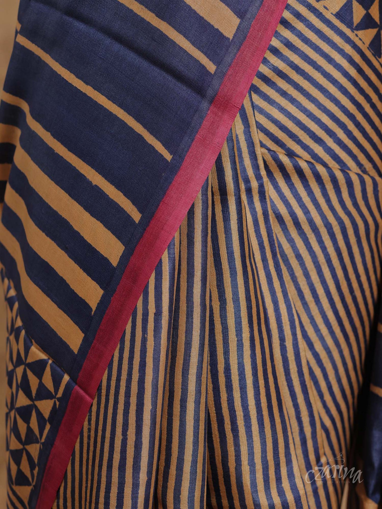 NAVY BLUE AND BEIGE VERTICAL STRIPE PARTLY DESIGNED WITH PINK BORDER TUSSAR SILK SAREE