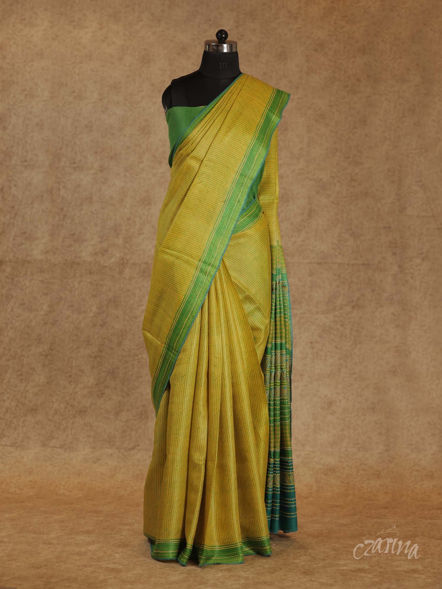 LIME YELLOW AND GREEN WITH KANTHA EMBROIDERY TUSSAR SILK SAREE