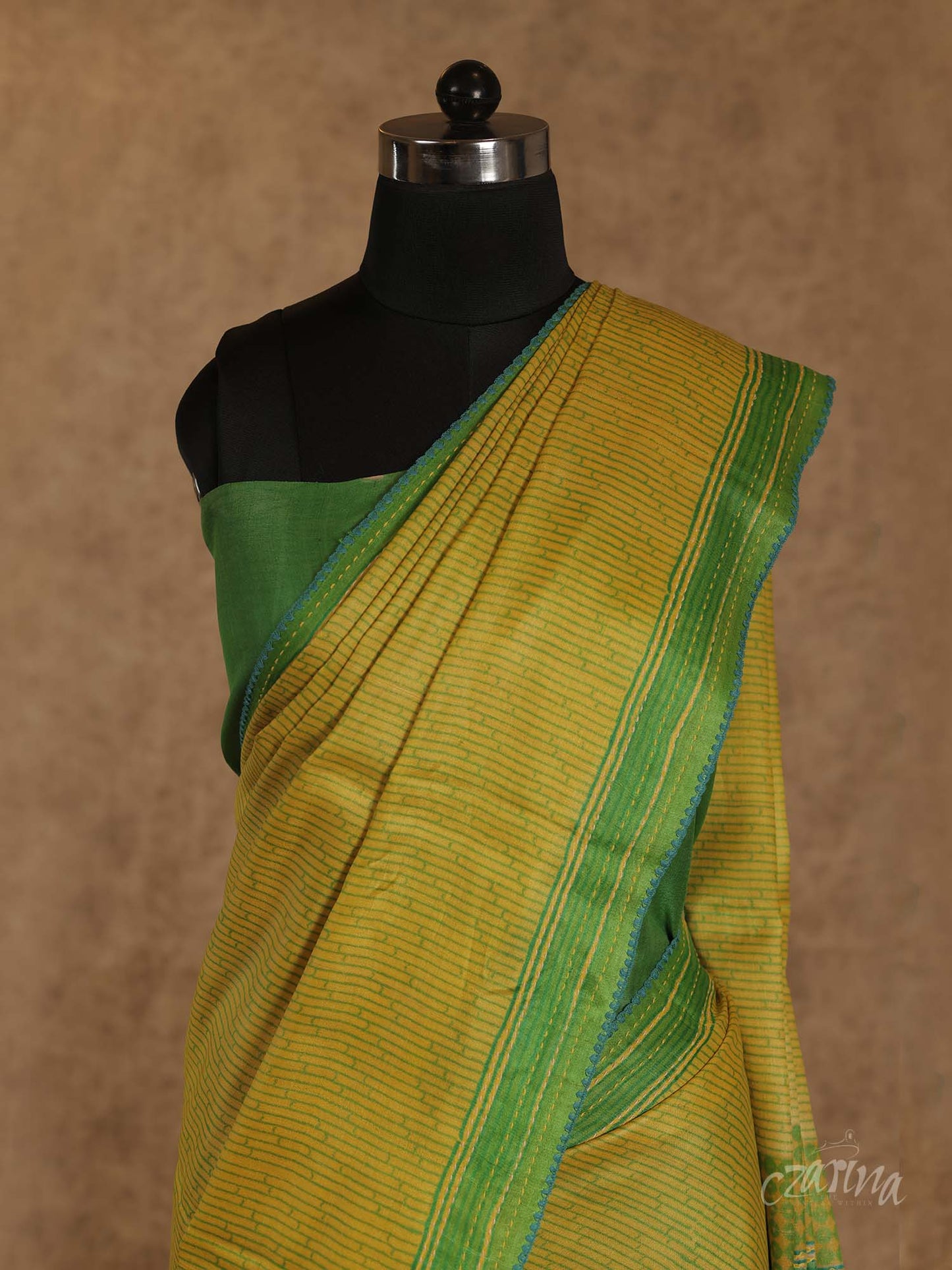 LIME YELLOW AND GREEN WITH KANTHA EMBROIDERY TUSSAR SILK SAREE