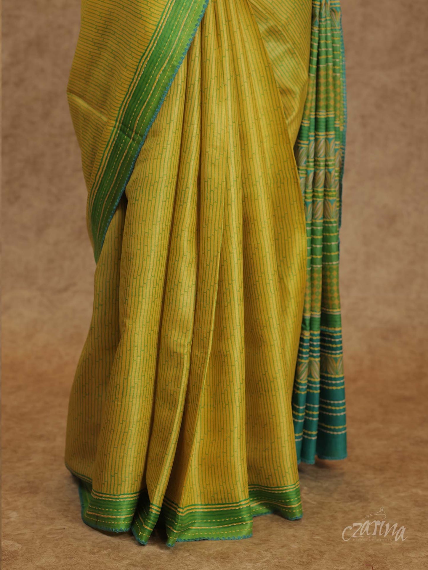 LIME YELLOW AND GREEN WITH KANTHA EMBROIDERY TUSSAR SILK SAREE
