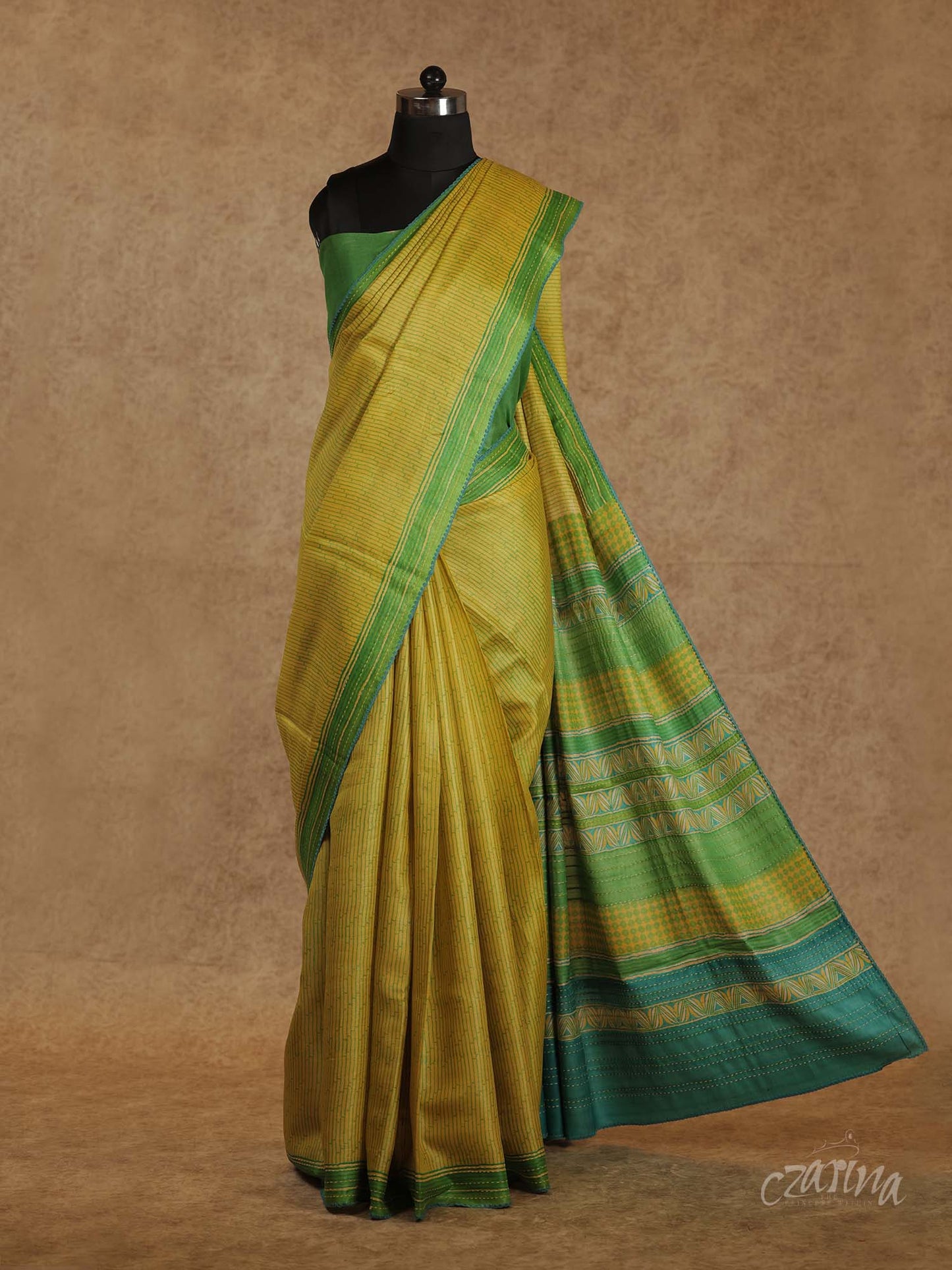 LIME YELLOW AND GREEN WITH KANTHA EMBROIDERY TUSSAR SILK SAREE