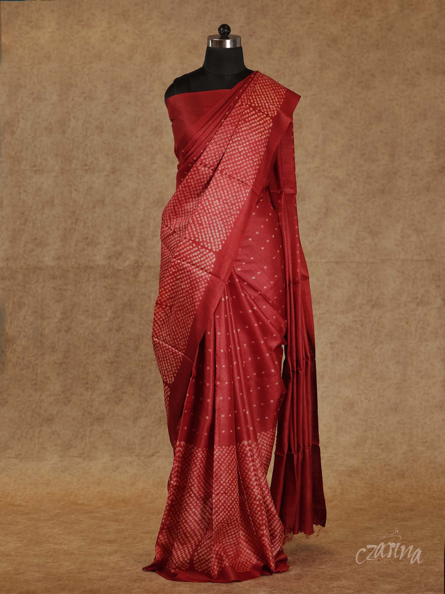 RED WITH SHIBORI CRAFT IN GEOMETRIC PATTERN TUSSAR SILK SAREE
