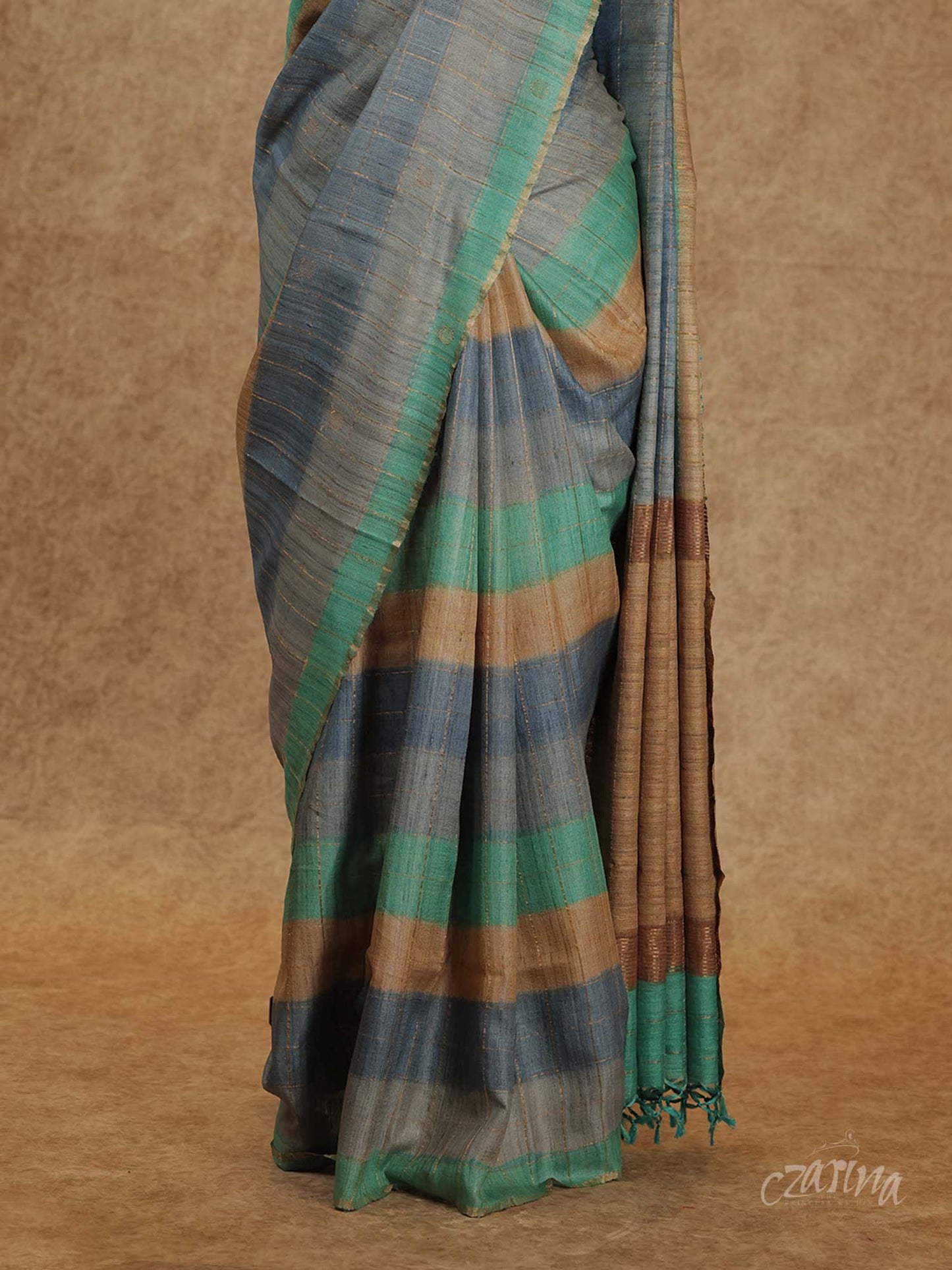 STYLISH GREY WITH MULTI-COLORED HORIZONTAL STRIPES TUSSAR SILK SAREE