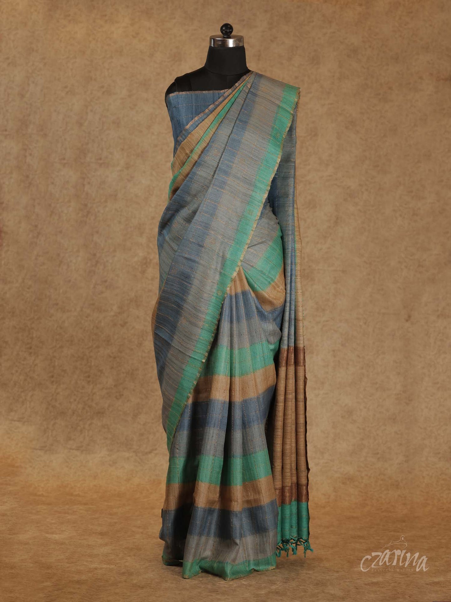 STYLISH GREY WITH MULTI-COLORED HORIZONTAL STRIPES TUSSAR SILK SAREE