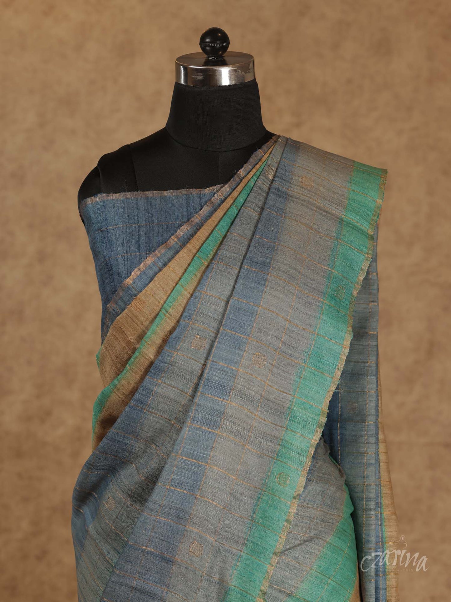 STYLISH GREY WITH MULTI-COLORED HORIZONTAL STRIPES TUSSAR SILK SAREE