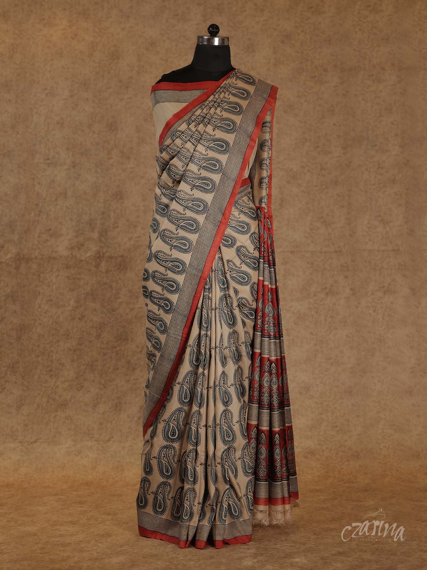 BIEGE WITH GREY BLOCK PRINTED SOFT TUSSAR SILK SAREE