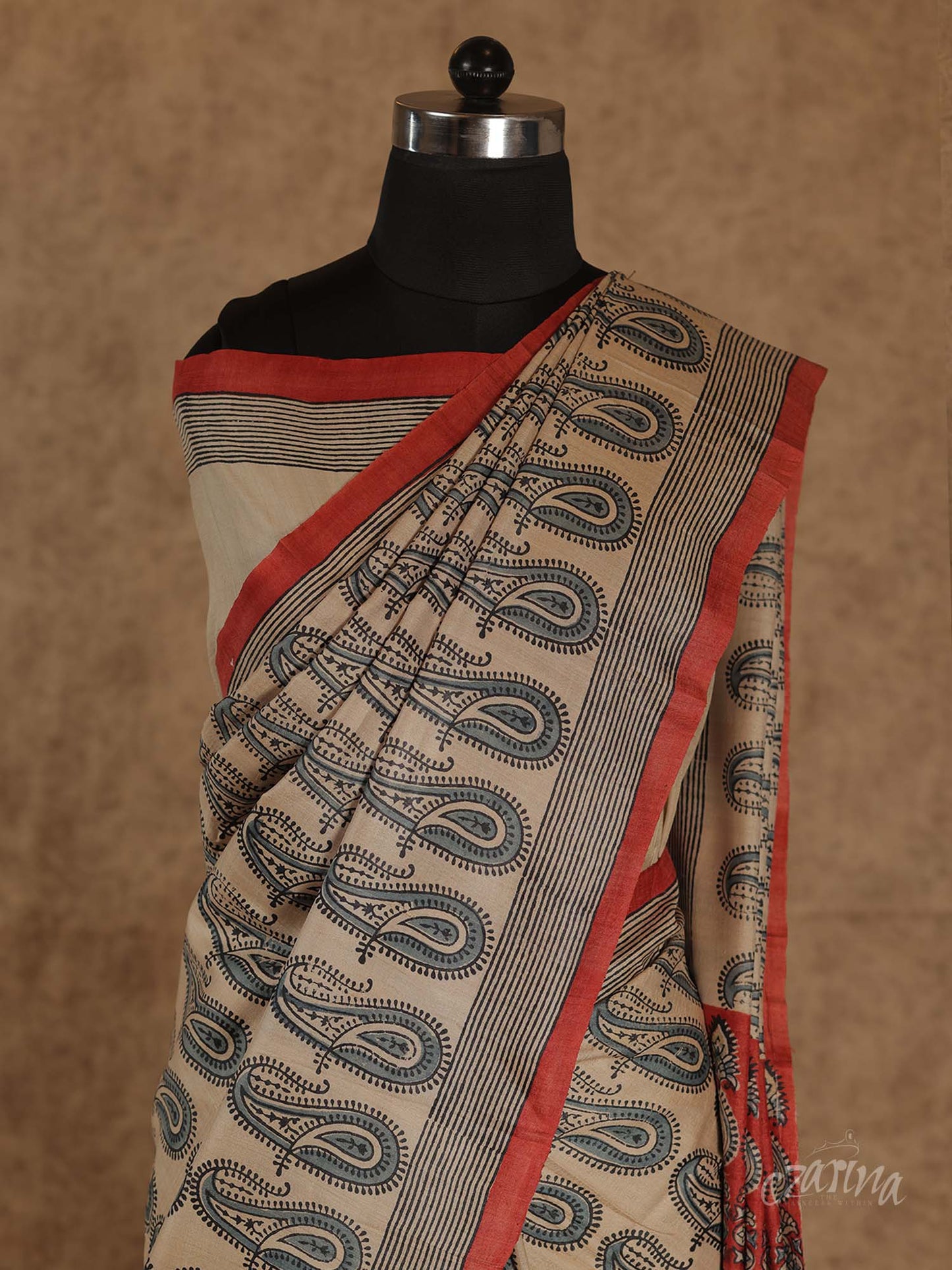 BIEGE WITH GREY BLOCK PRINTED SOFT TUSSAR SILK SAREE