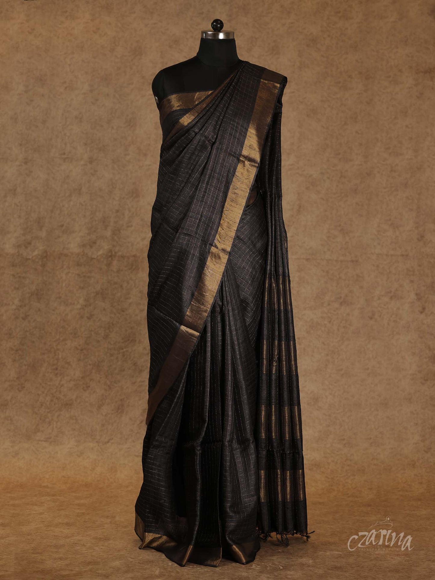 BLACK WITH ZERI CHECKS AND GOLDEN BORDERS TUSSAR SILK SAREE
