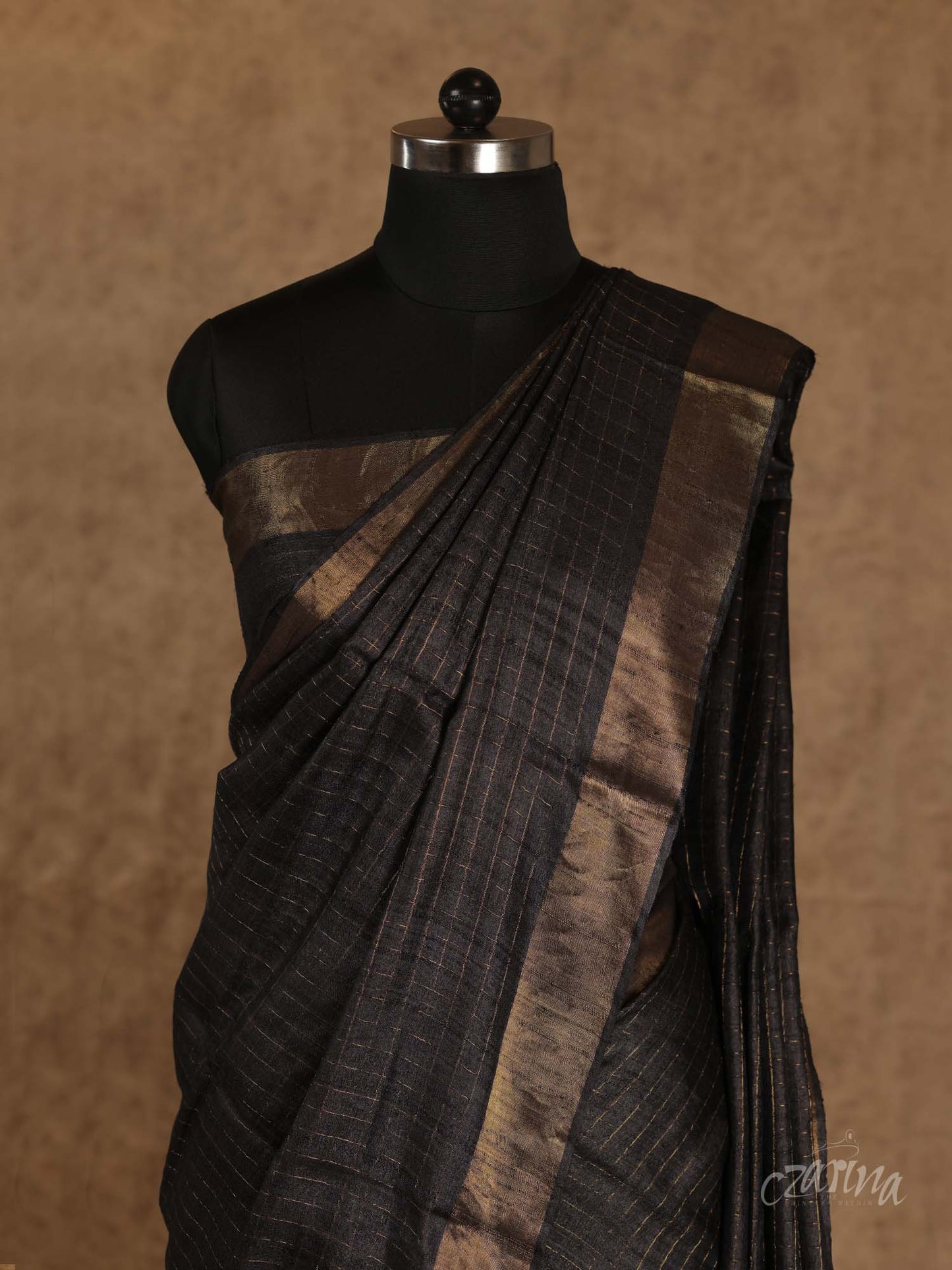 BLACK WITH ZERI CHECKS AND GOLDEN BORDERS TUSSAR SILK SAREE