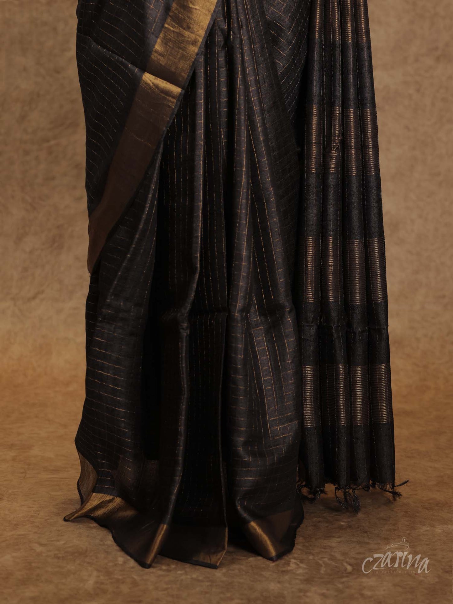 BLACK WITH ZERI CHECKS AND GOLDEN BORDERS TUSSAR SILK SAREE