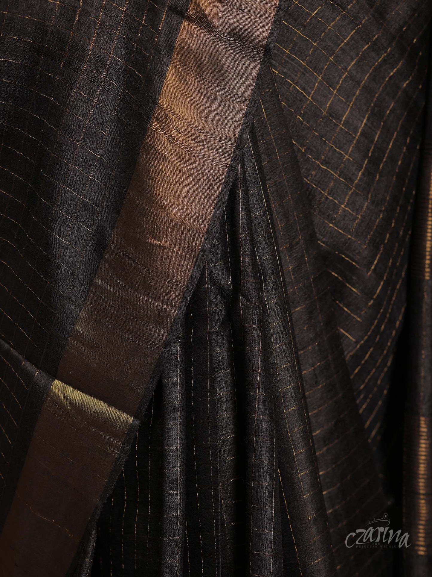 BLACK WITH ZERI CHECKS AND GOLDEN BORDERS TUSSAR SILK SAREE