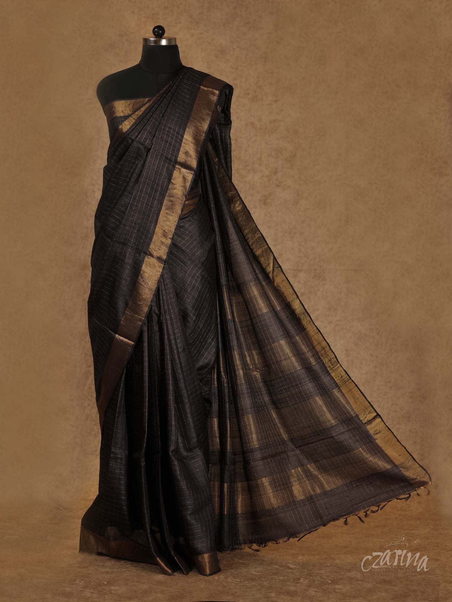 BLACK WITH ZERI CHECKS AND GOLDEN BORDERS TUSSAR SILK SAREE