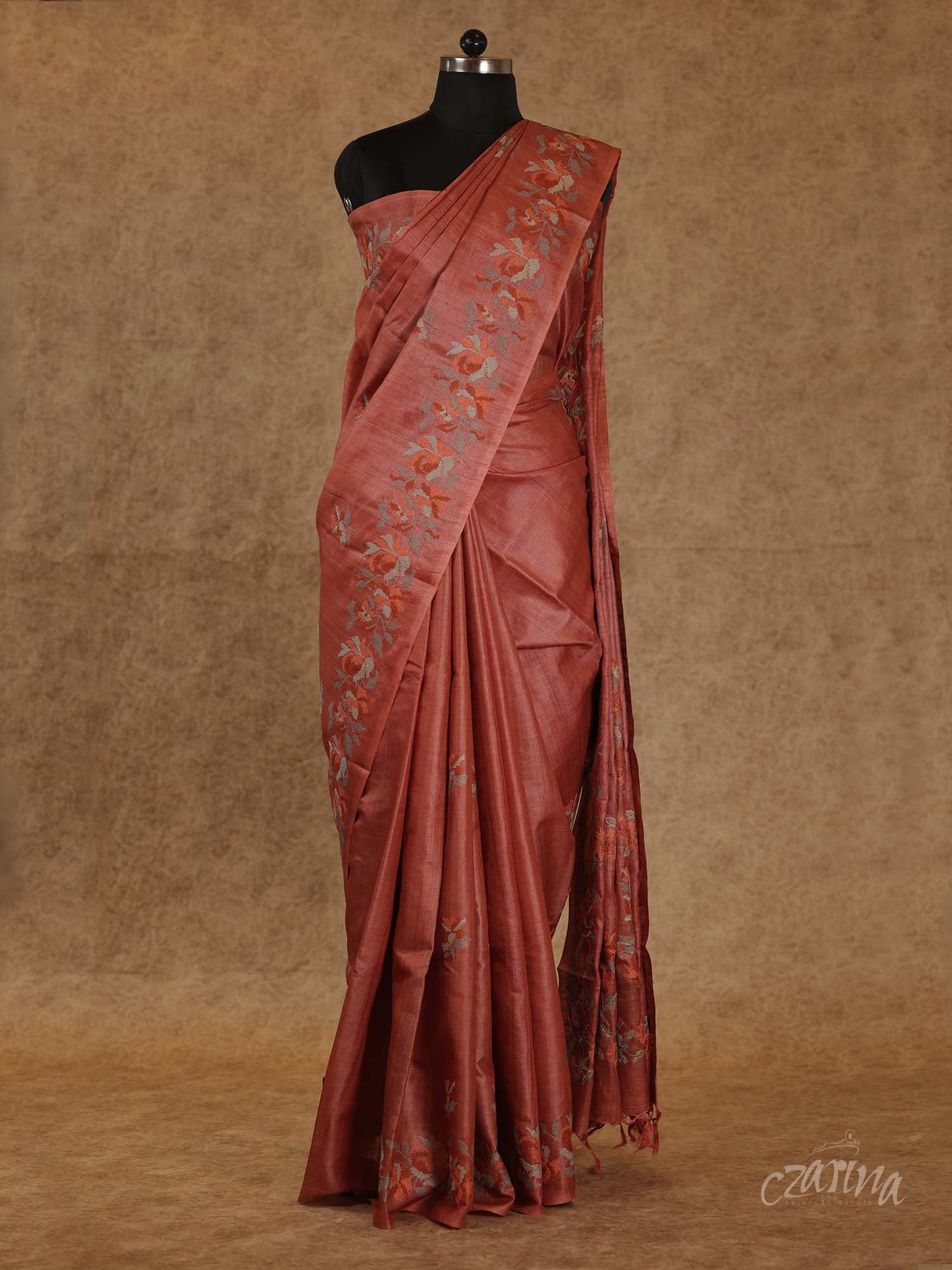 RUST COLOR WITH BEIGE AND CROSS STITCH DESIGN EMBROIDERY TUSSAR SILK SAREE