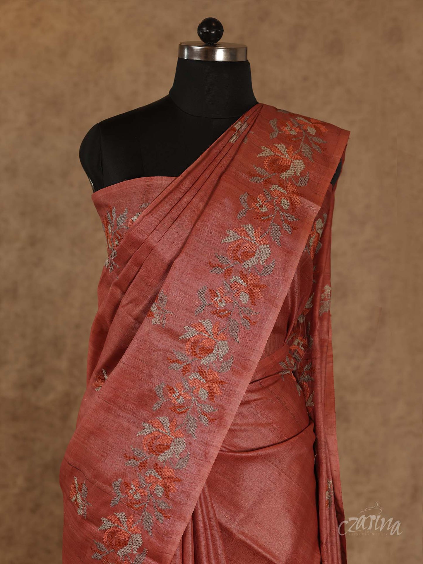 RUST COLOR WITH BEIGE AND CROSS STITCH DESIGN EMBROIDERY TUSSAR SILK SAREE