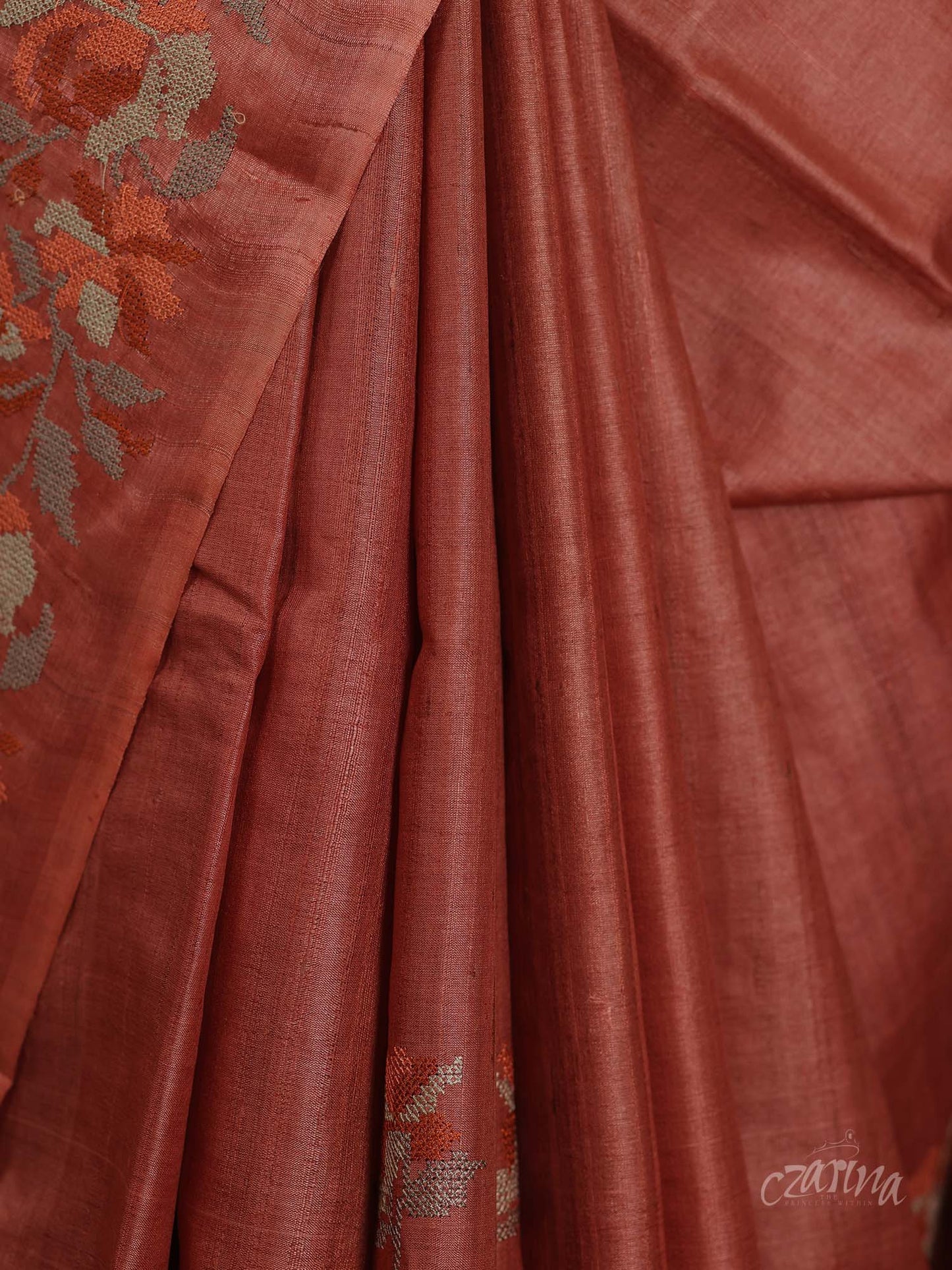 RUST COLOR WITH BEIGE AND CROSS STITCH DESIGN EMBROIDERY TUSSAR SILK SAREE