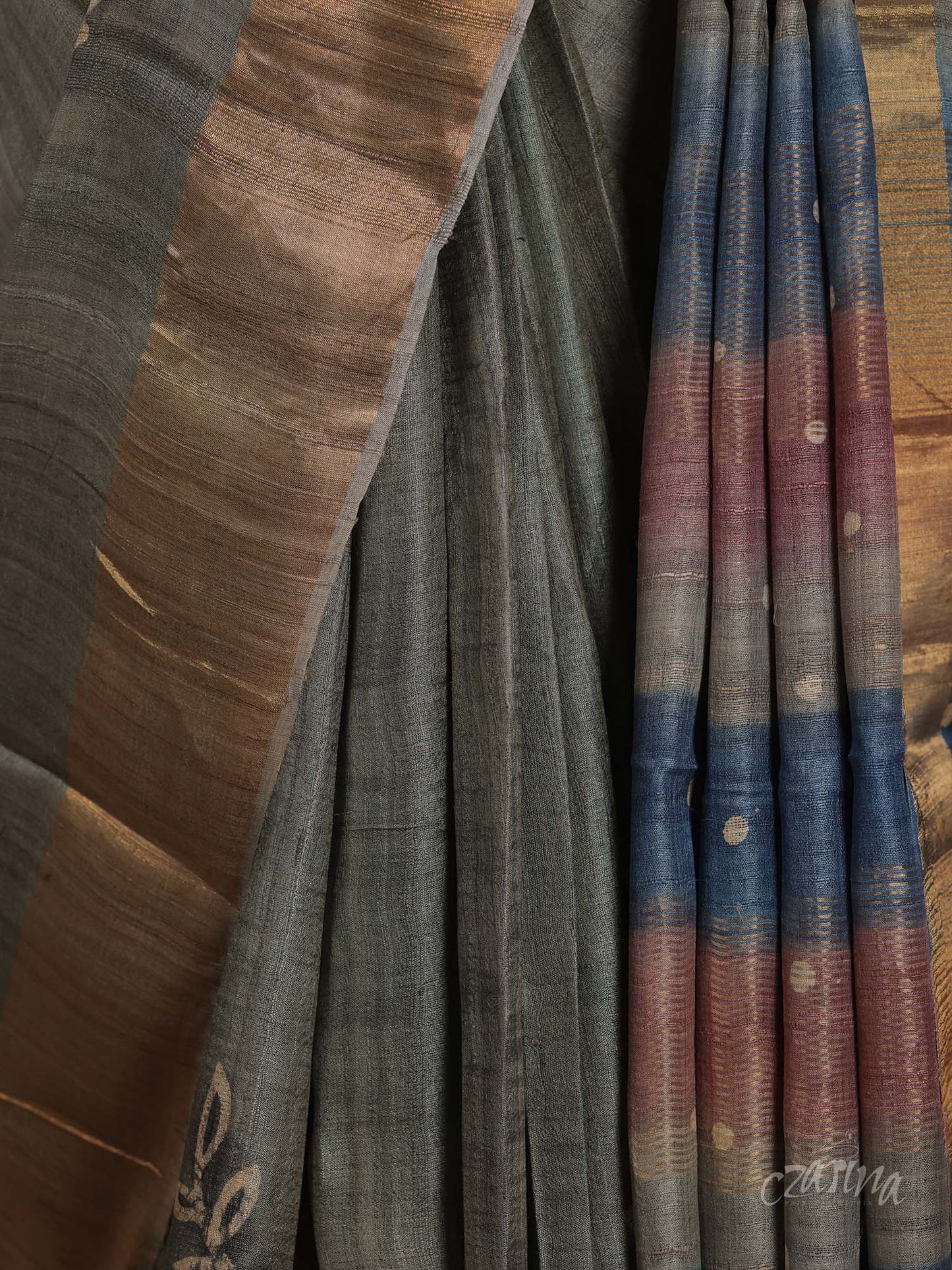 GREY WITH GOLDEN BORDER AND FLORAL PRINTS TUSSAR SILK SAREE
