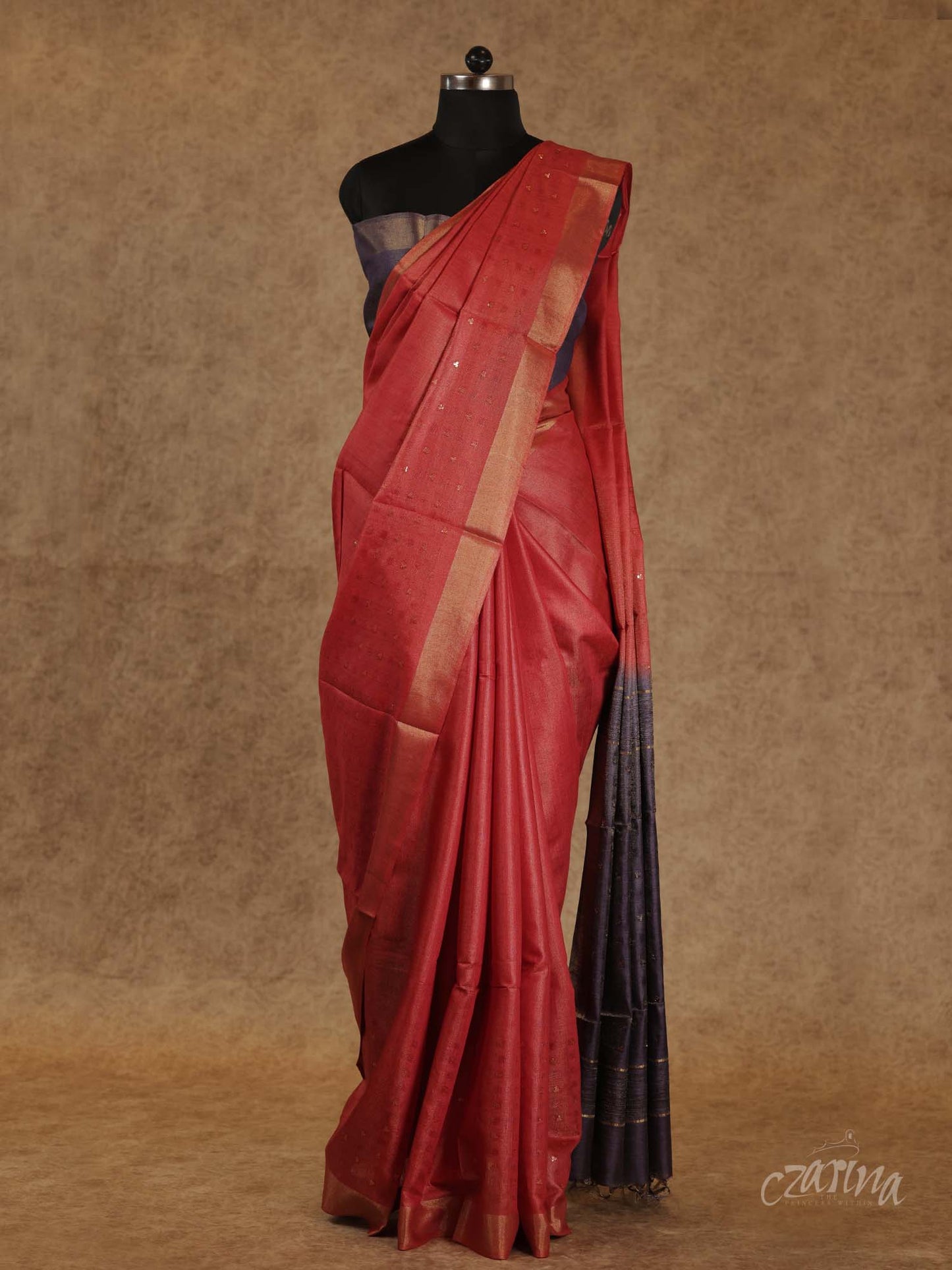 ORANGE AND GREY WITH WOVEN SEQUENCES ON BORDER TUSSAR SILK SAREE