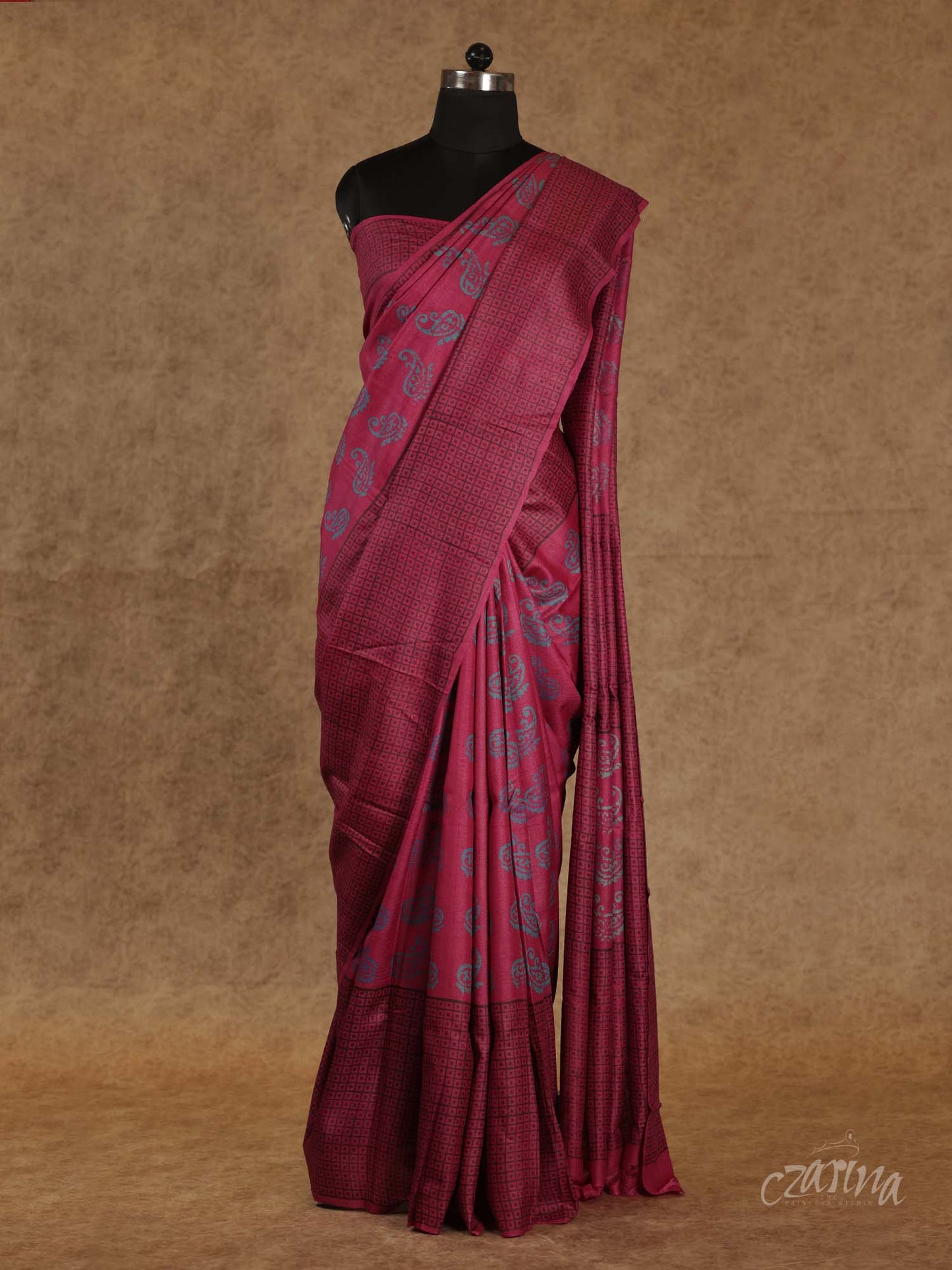 MAGENTA WITH BLUISH-GREY AND BLACK BLOCK PRINTS SOFT TUSSAR SILK SAREE
