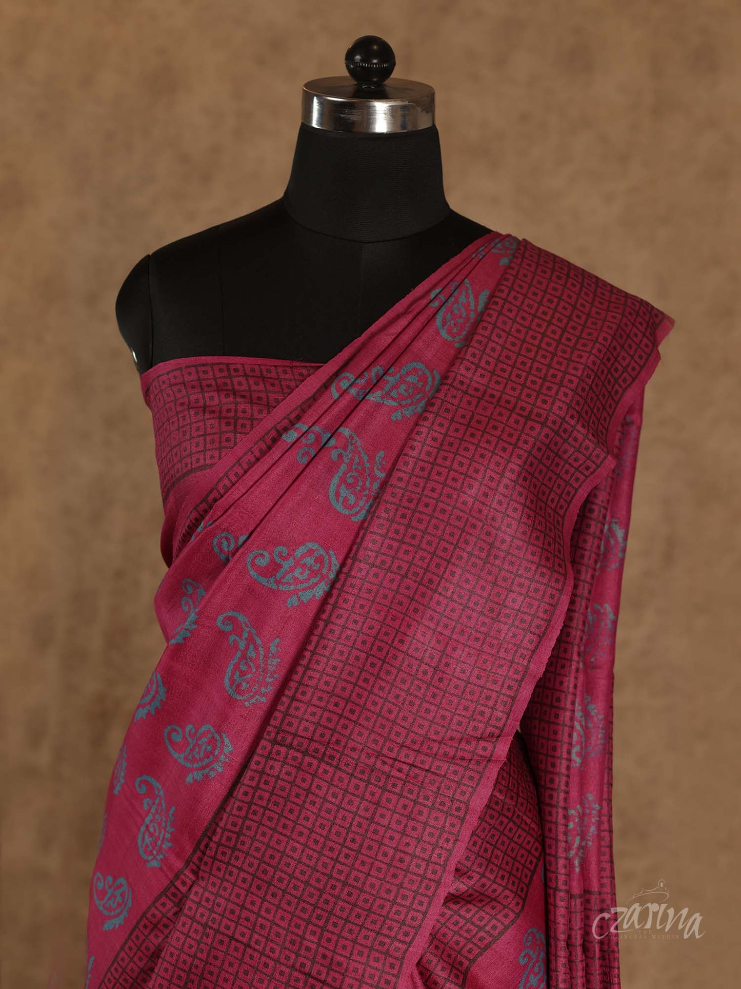 MAGENTA WITH BLUISH-GREY AND BLACK BLOCK PRINTS SOFT TUSSAR SILK SAREE
