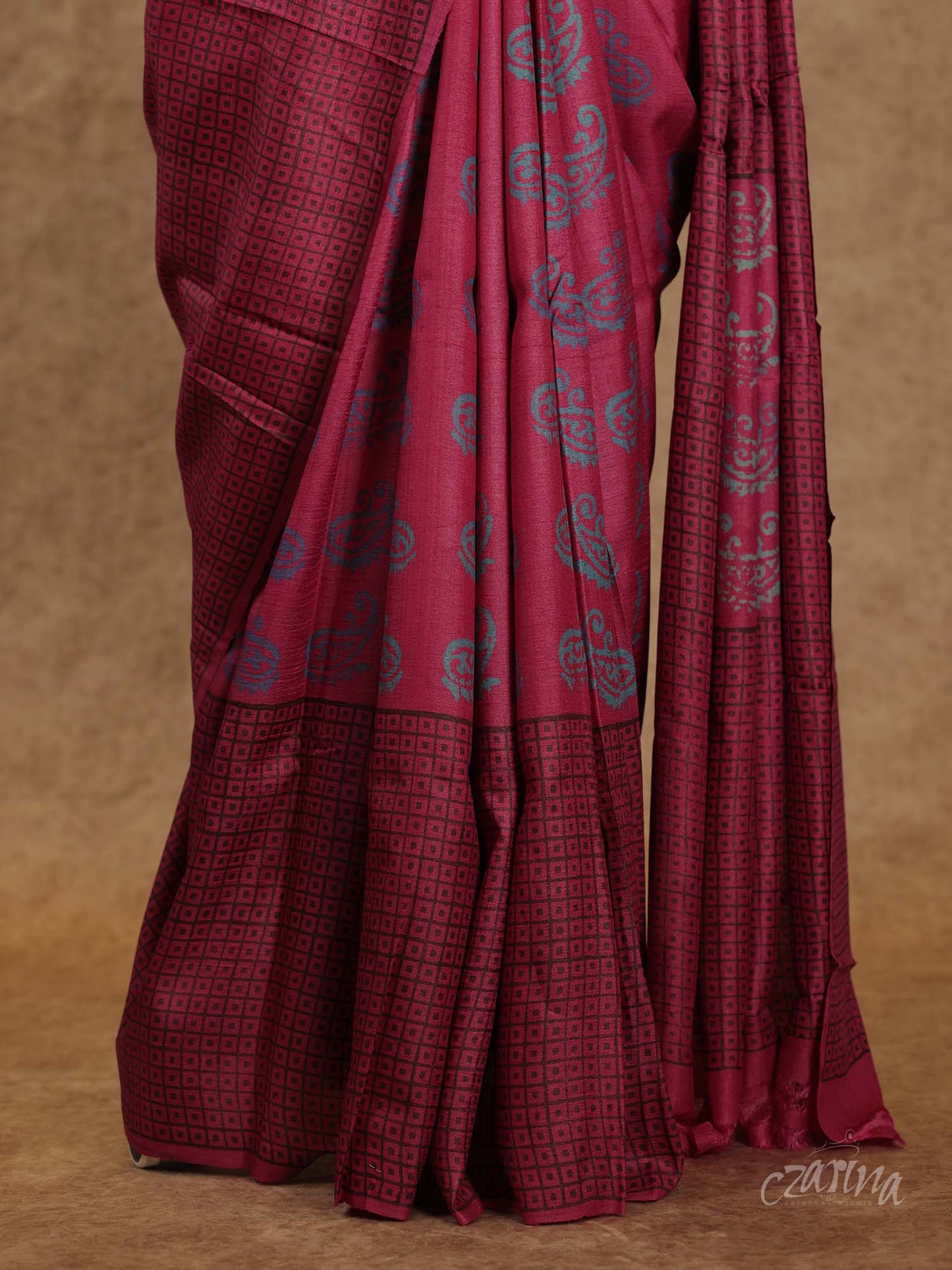MAGENTA WITH BLUISH-GREY AND BLACK BLOCK PRINTS SOFT TUSSAR SILK SAREE
