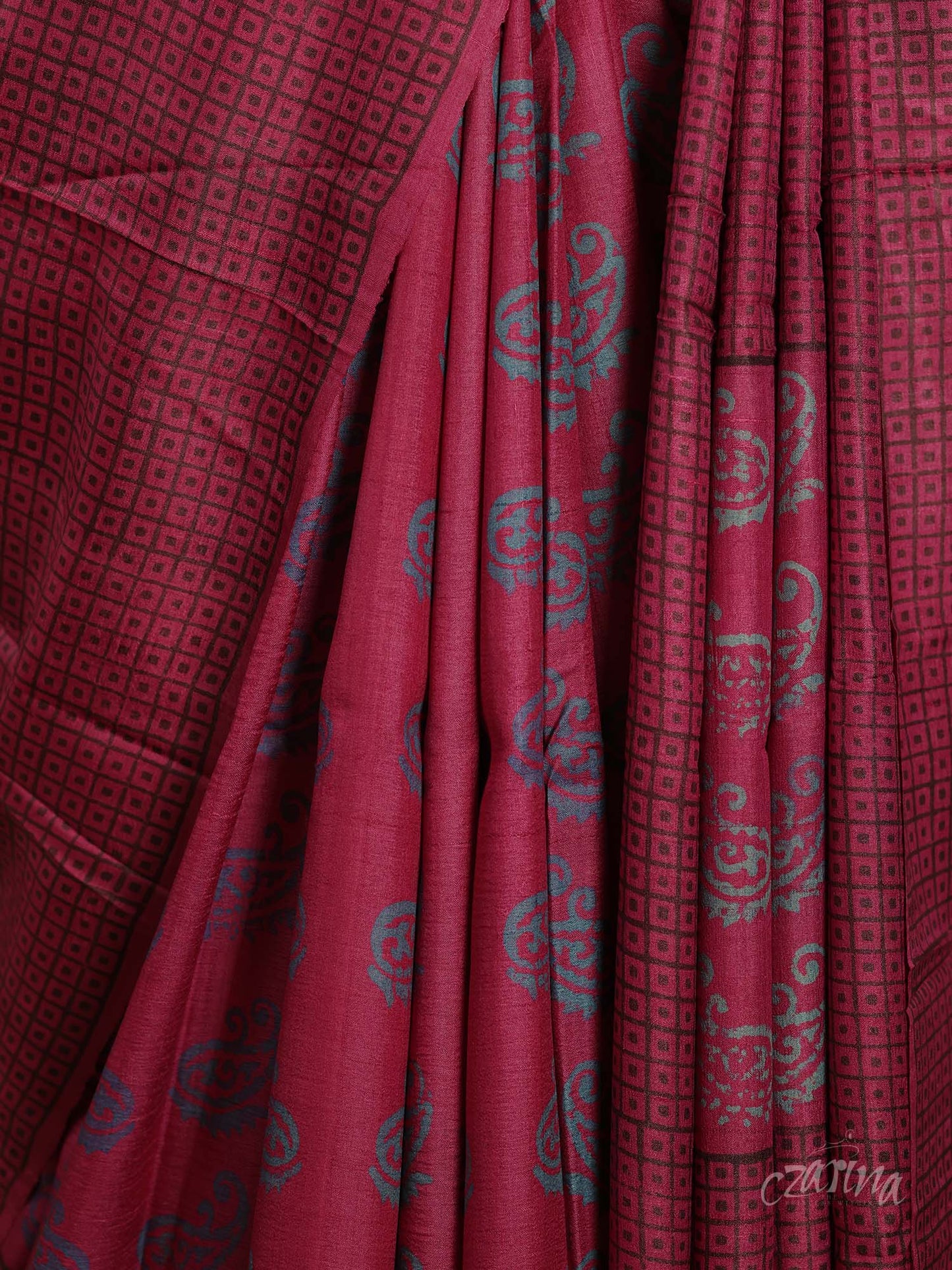 MAGENTA WITH BLUISH-GREY AND BLACK BLOCK PRINTS SOFT TUSSAR SILK SAREE