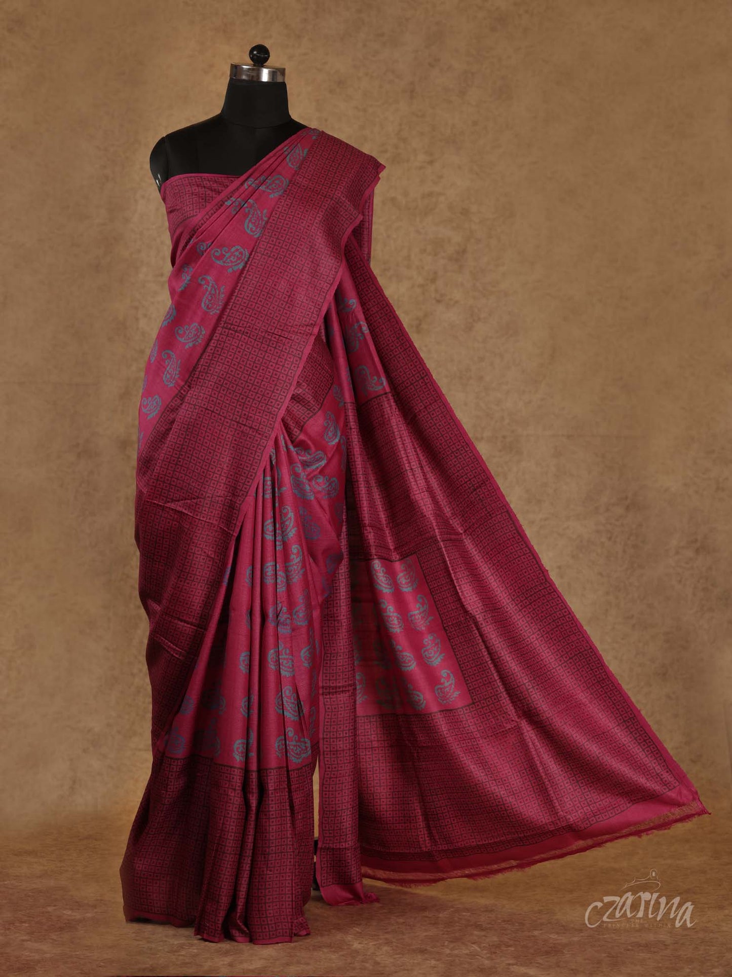 MAGENTA WITH BLUISH-GREY AND BLACK BLOCK PRINTS SOFT TUSSAR SILK SAREE