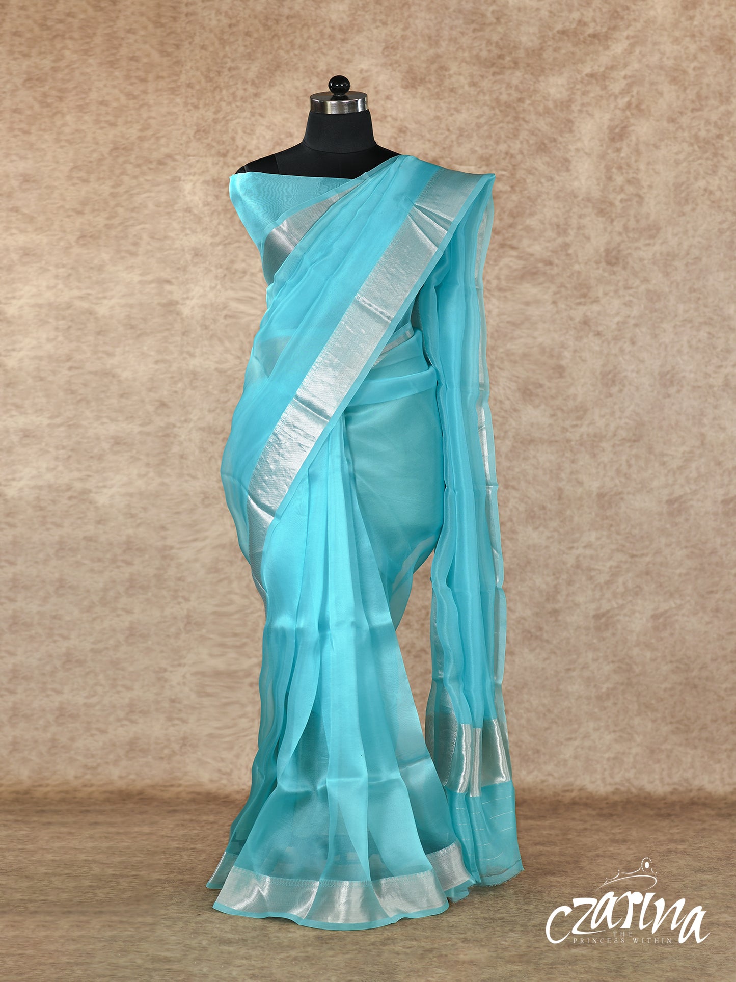TURQUOISE BLUE WITH SILVER BORDER ORGANZA SILK SAREE