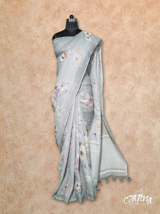 BLUISH GREY WITH FLORAL PRINTS AND PASTEL SHADES LINEN SAREE