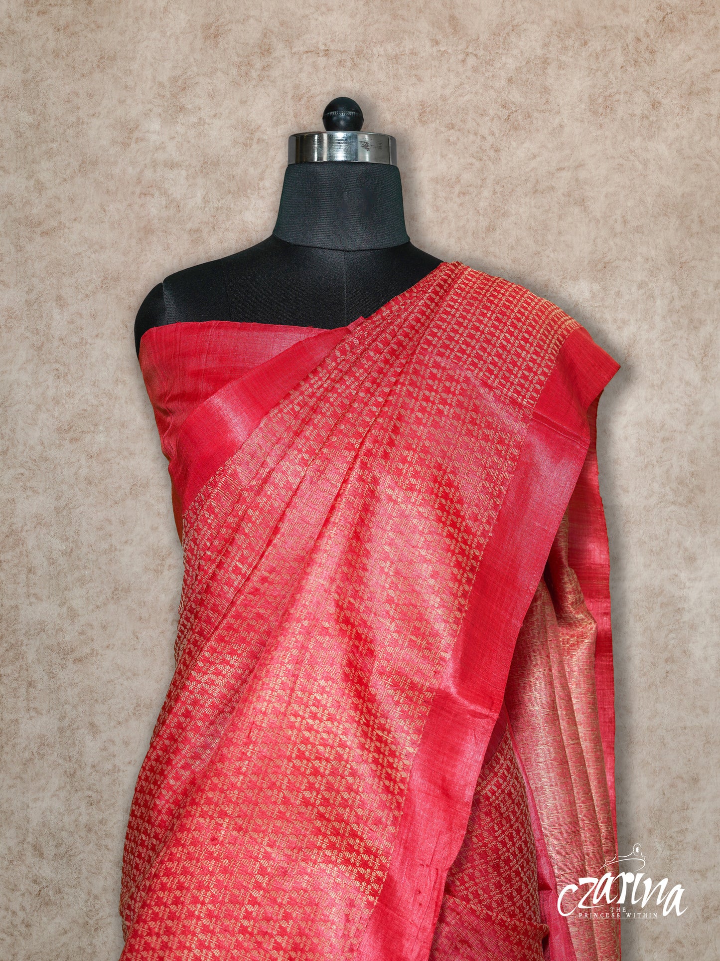 LIGHT RED WITH ALL-OVER WOVEN DESIGNS IN BEIGE TUSSAR SILK SAREE