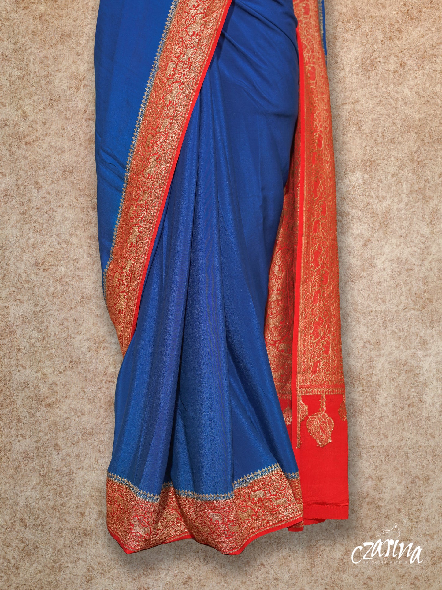 ROYAL BLUE WITH RED AND GOLD WOVEN BORDER AND PALLU CREPE SILK SAREE
