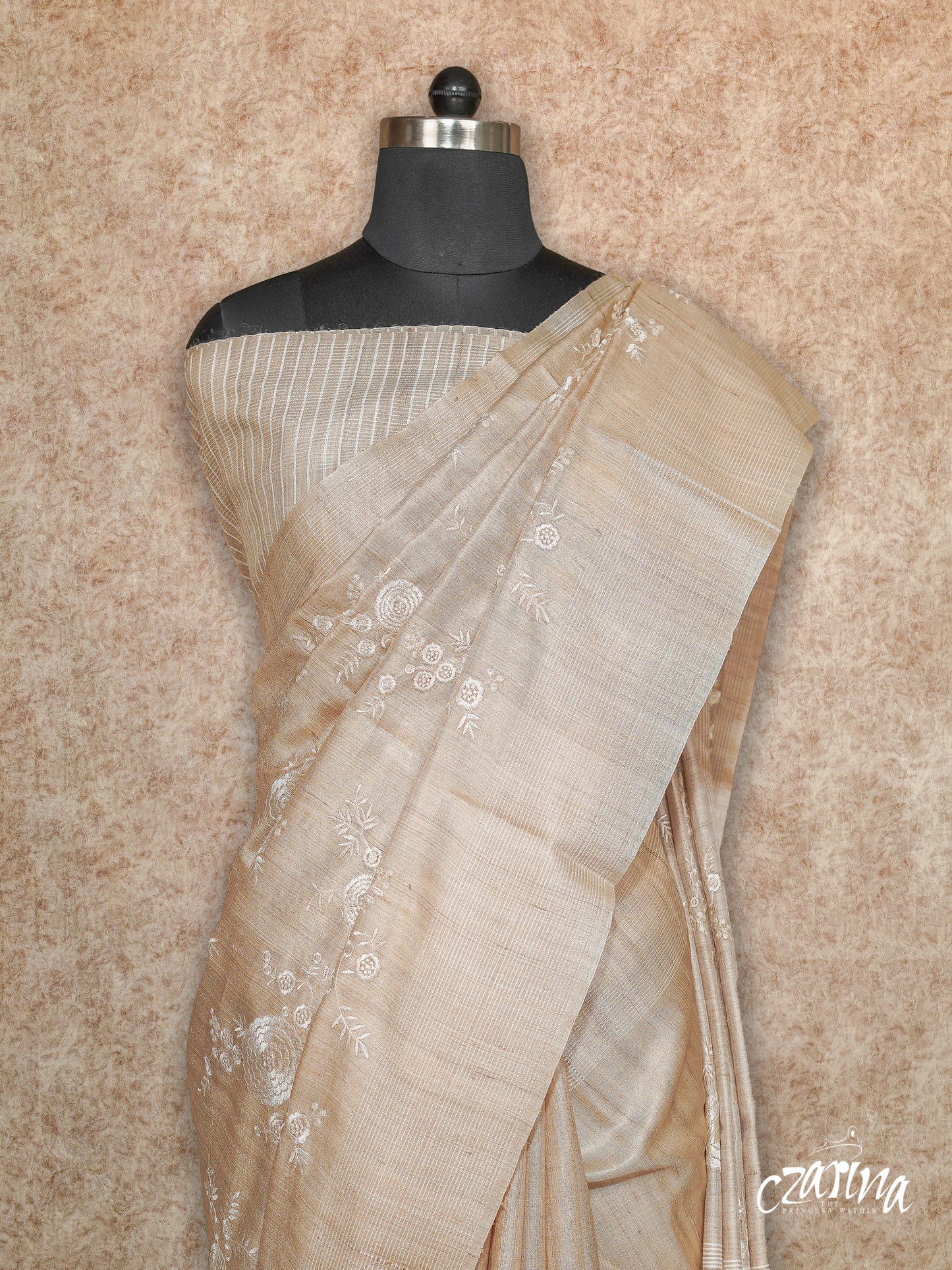 BEIGE HANDLOOM WITH OFF WHITE FLORAL EMBROIDERY TUSSAR SILK SAREE
