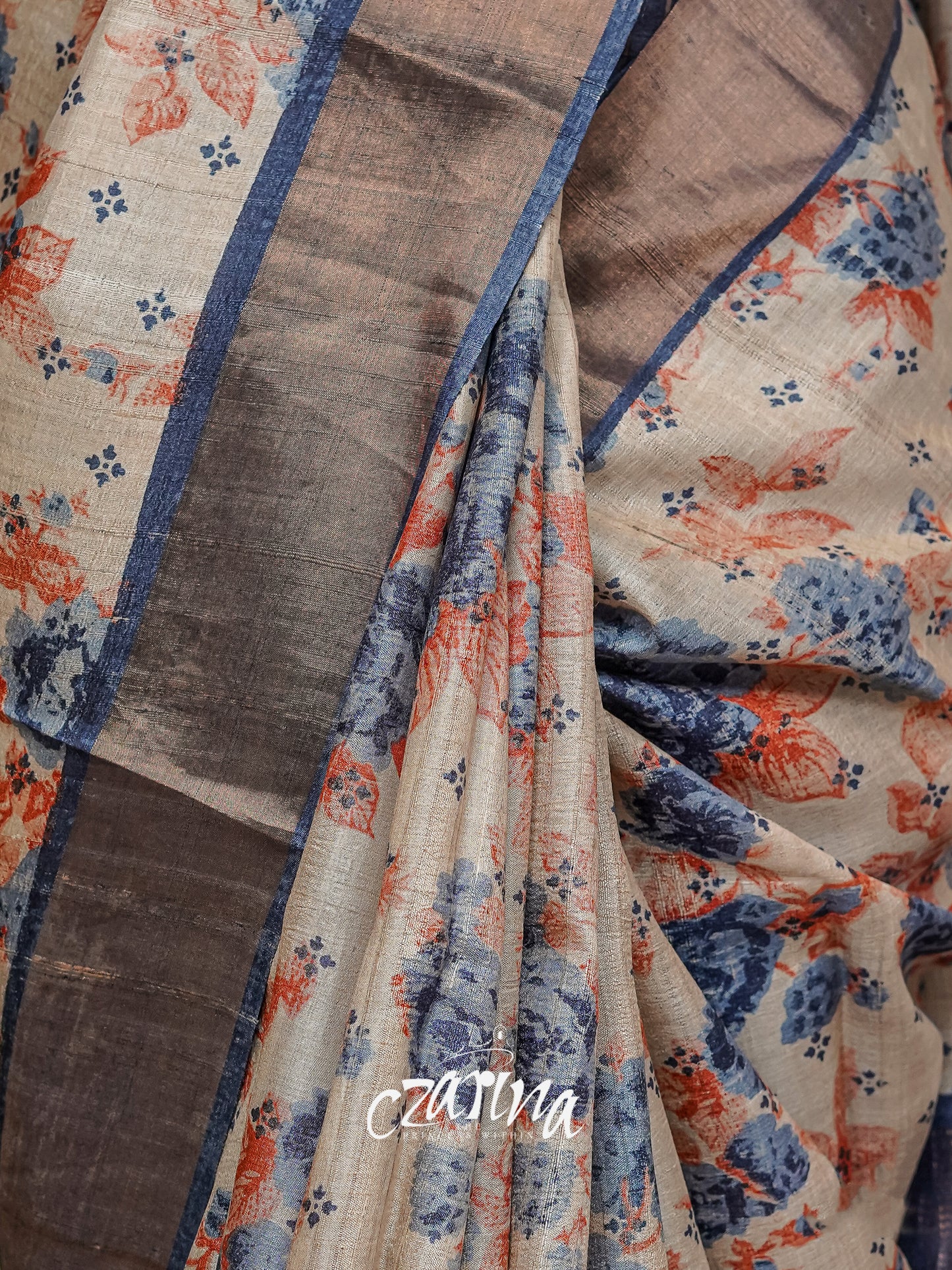 BEIGE WITH BLUE AND RUST FLORAL DESIGNS TUSSAR SILK SAREE