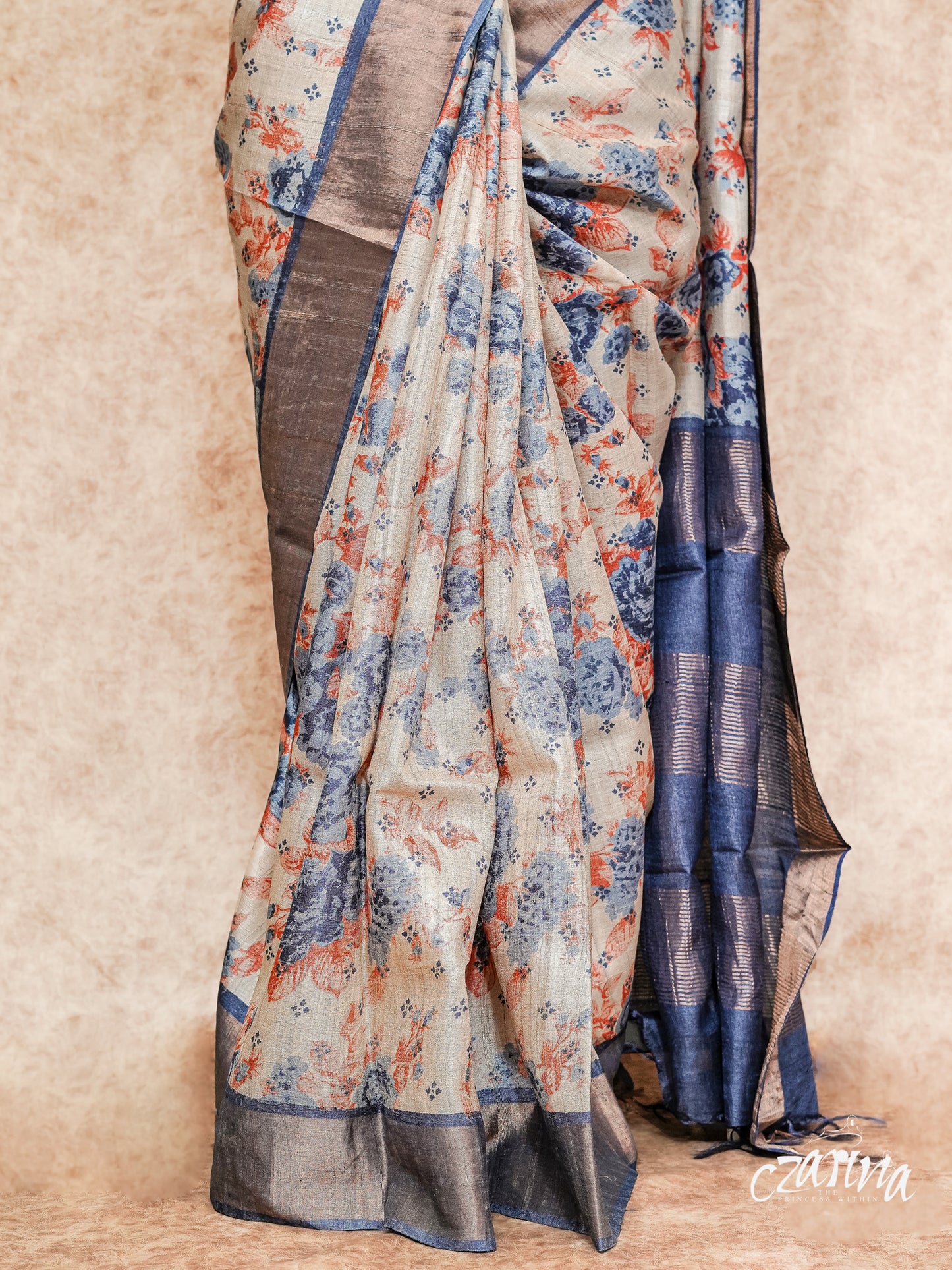 BEIGE WITH BLUE AND RUST FLORAL DESIGNS TUSSAR SILK SAREE