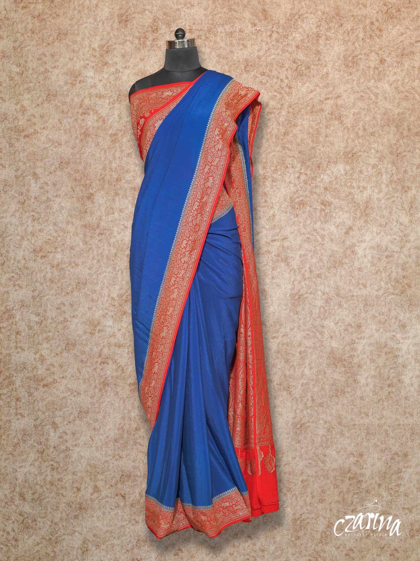 ROYAL BLUE WITH RED AND GOLD WOVEN BORDER AND PALLU CREPE SILK SAREE